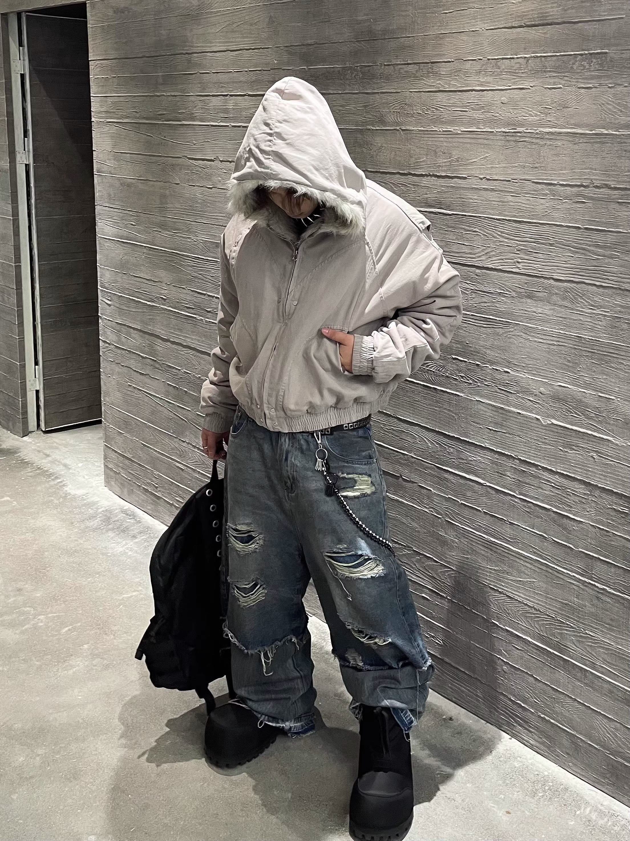 Fake Faux Fur Hood Bomber Jacket