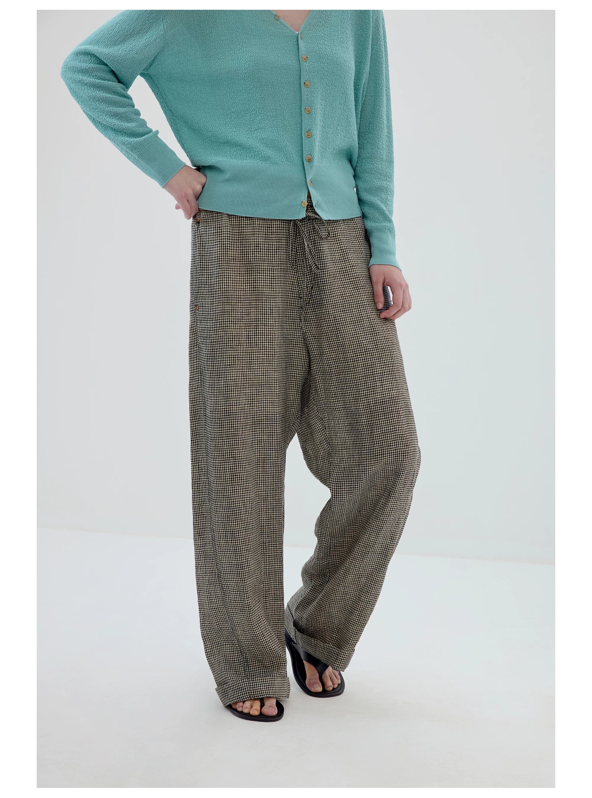 Microcheck Drawstring Wide-Leg Pants