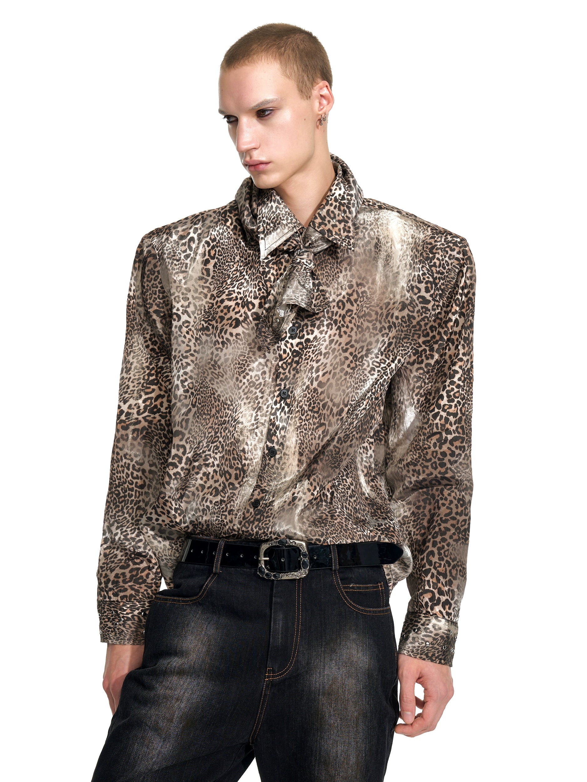 Satin Leopard Print Ruffle Shirt