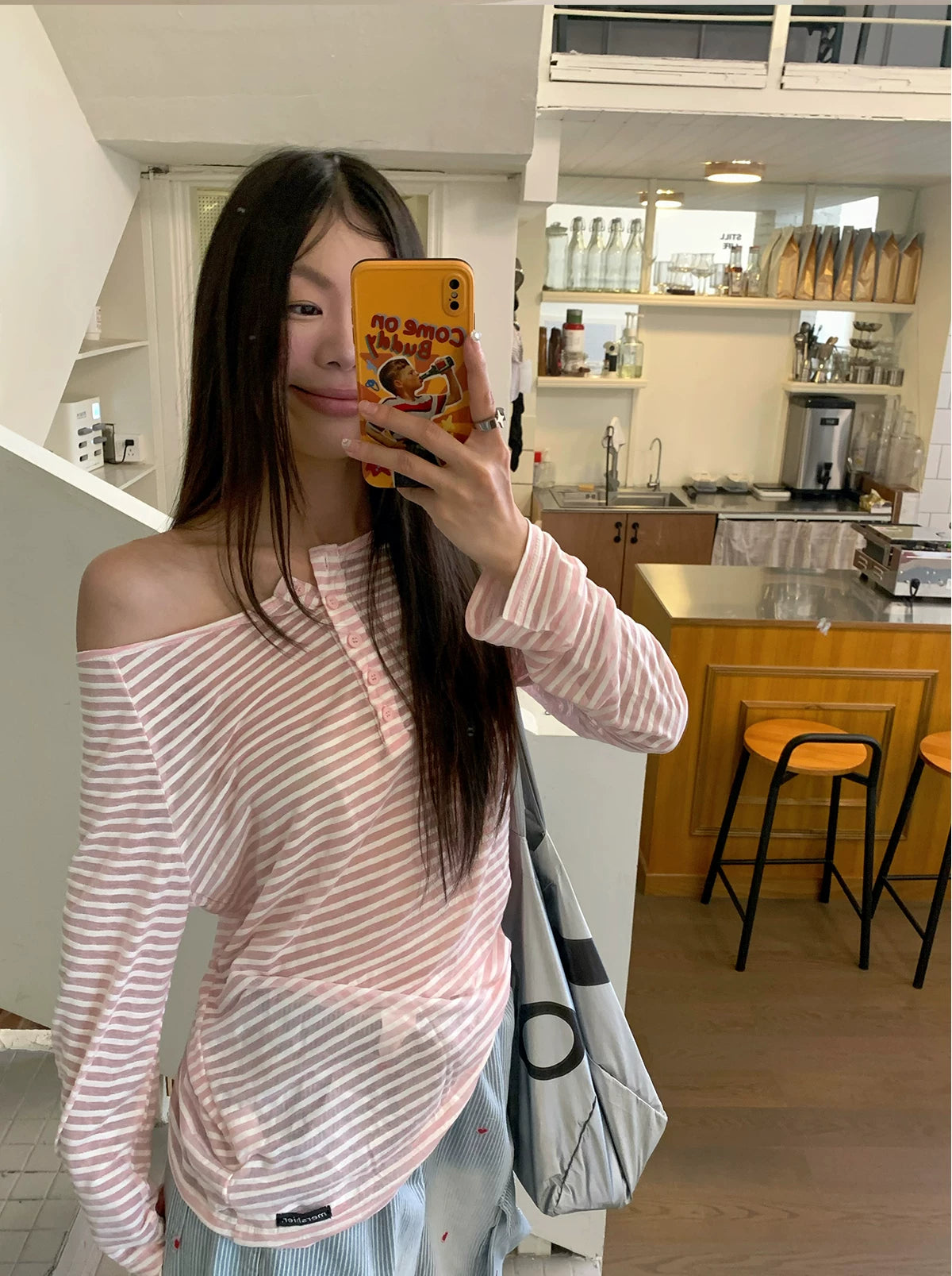 Blush Breeze Off‑Shoulder Stripe Tee