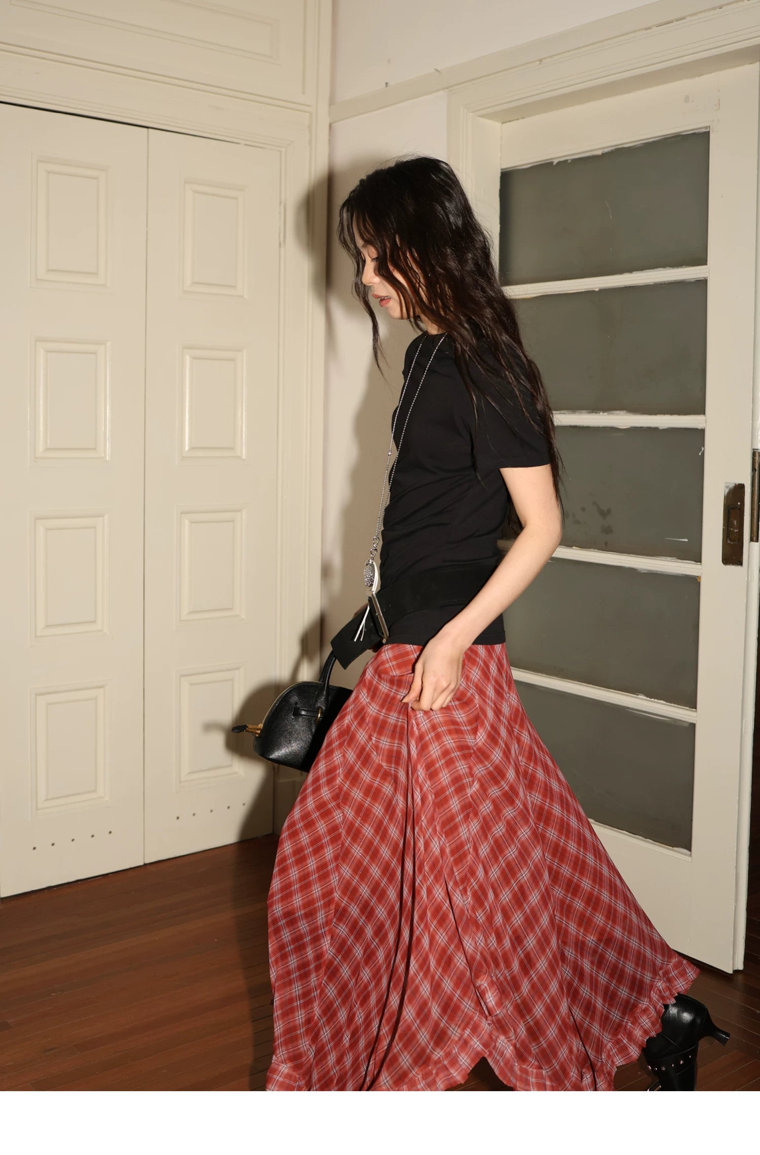 Plaid Chiffon Asymmetric Hem Skirt - red plaid layered hem