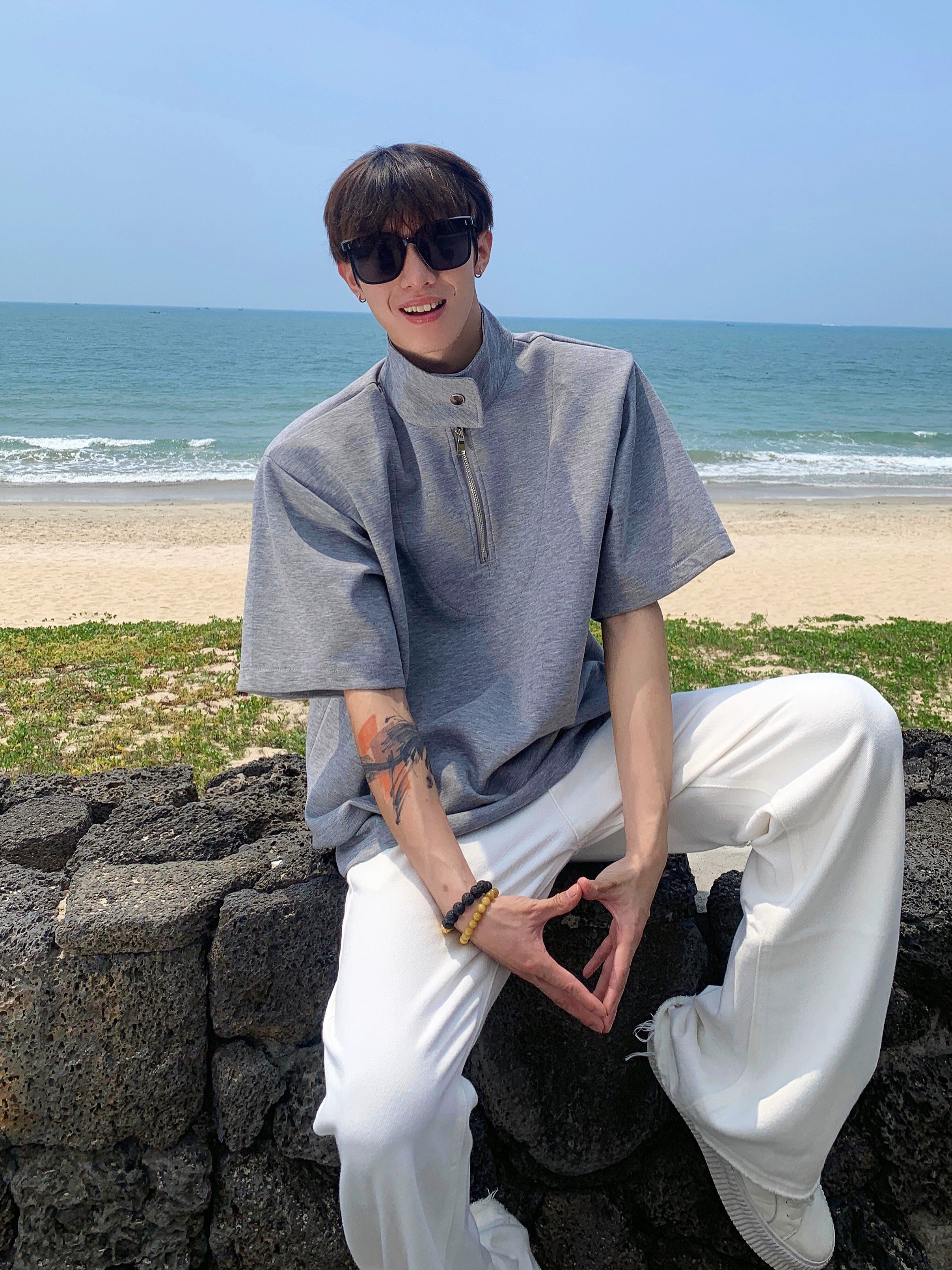Gray Half-Zip Stand Collar Shirt