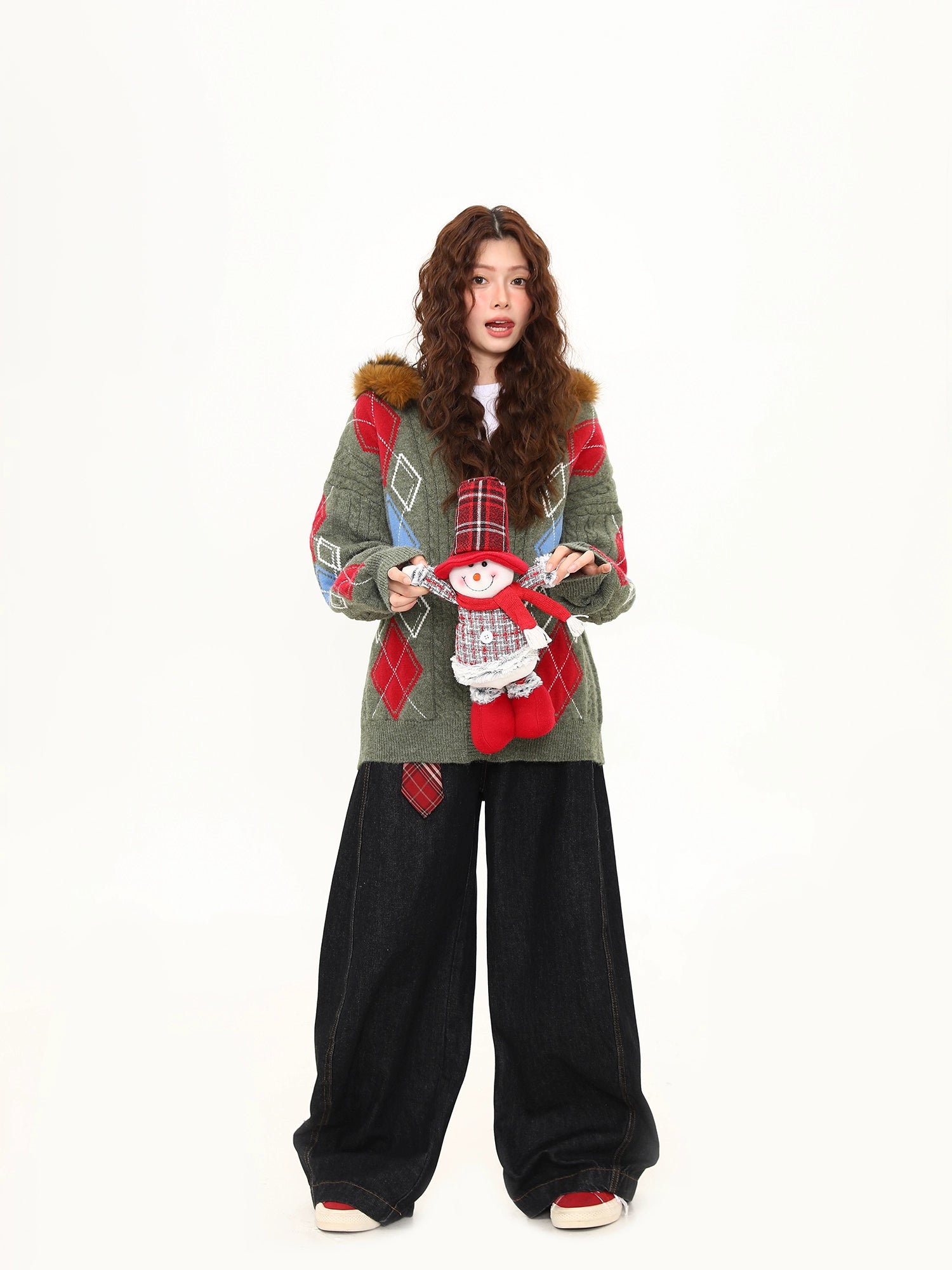 Frosty Argyle Faux-Fur Hood Cardigan