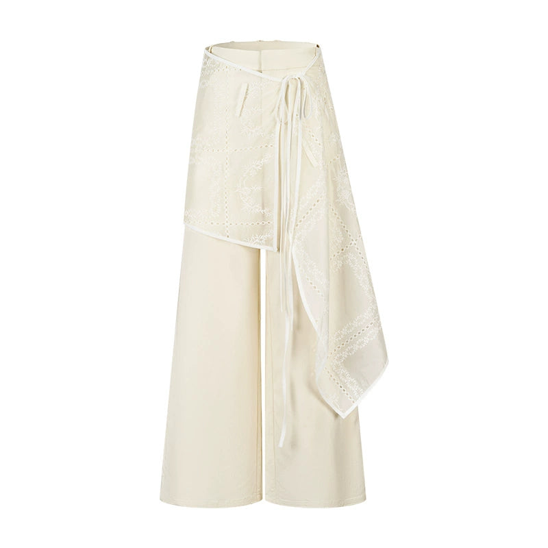 Embroidered Wrap Skirt Wide-Leg Trousers