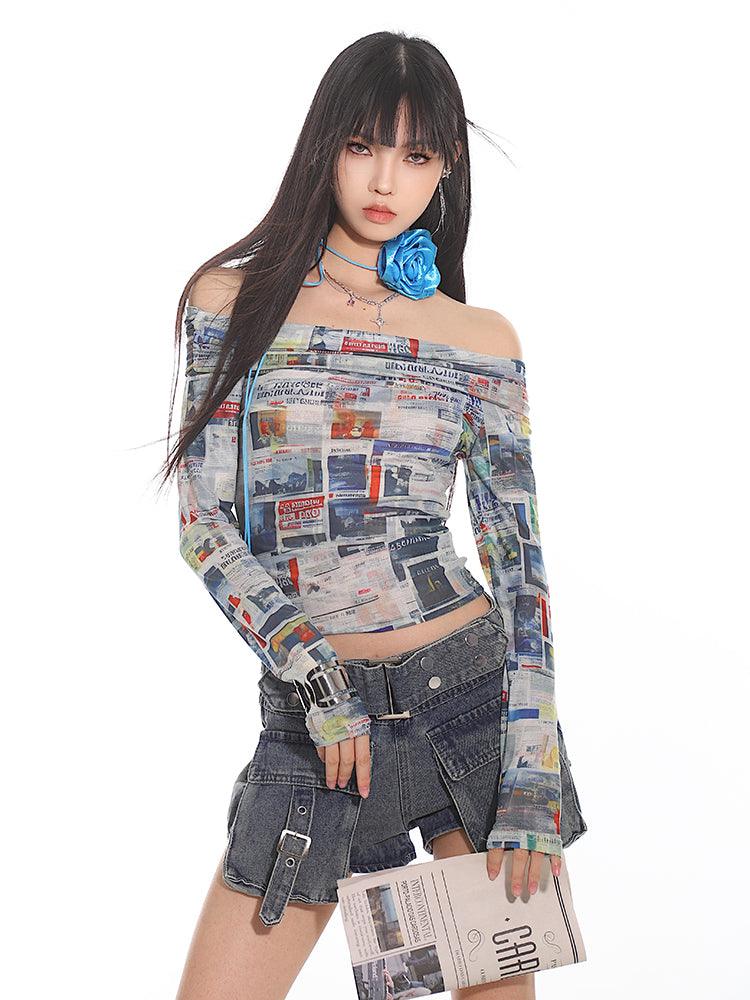 Newspaper Print Off-Shoulder Fitted Crop Top - chiclara