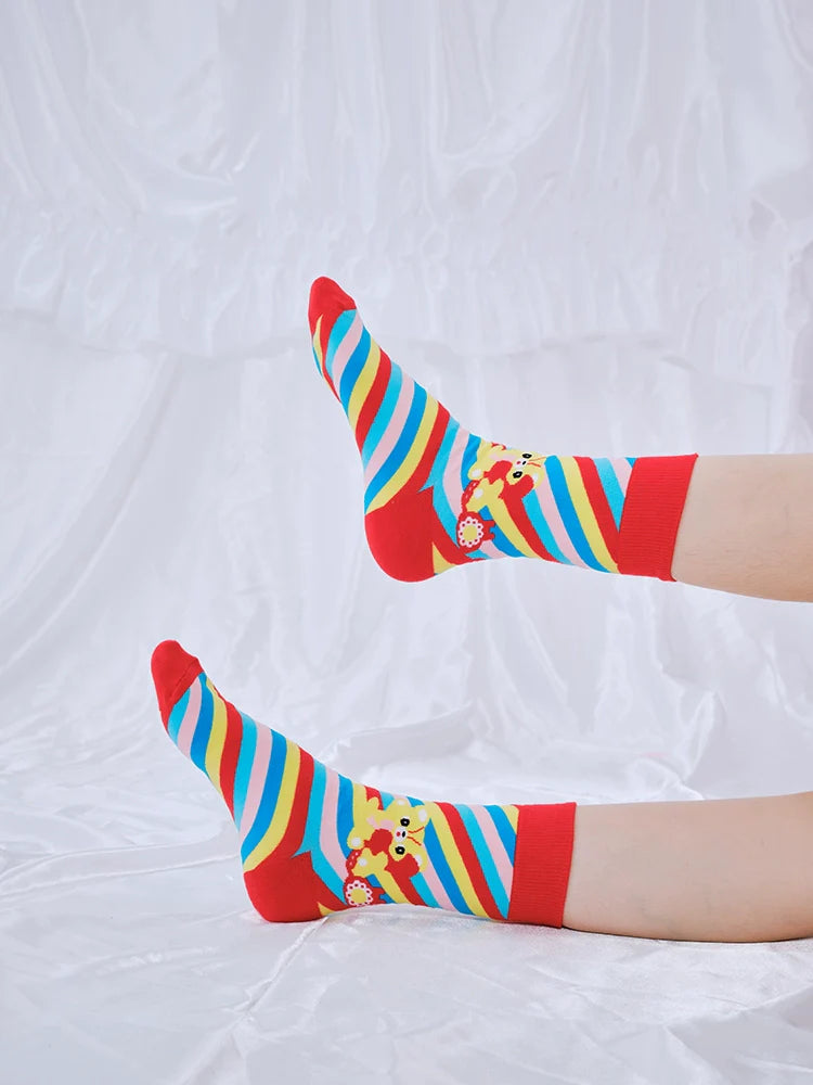 Rainbow Stripe Bear Pattern Crew Socks