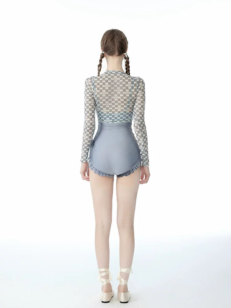Cloud Check Lace‑Up Ballet Swimsuit