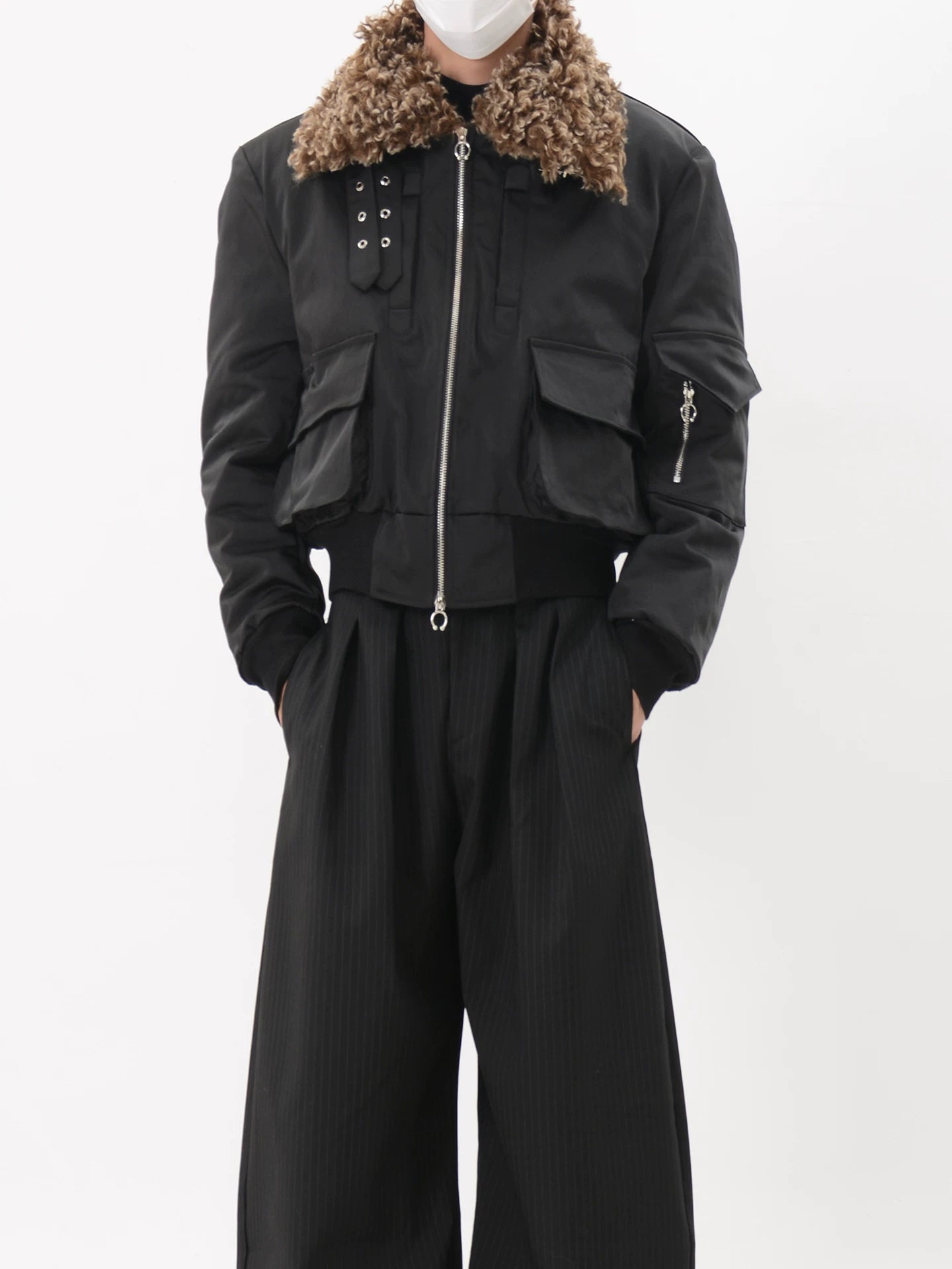 Black Faux Fur Collar Utility Bomber Jacket