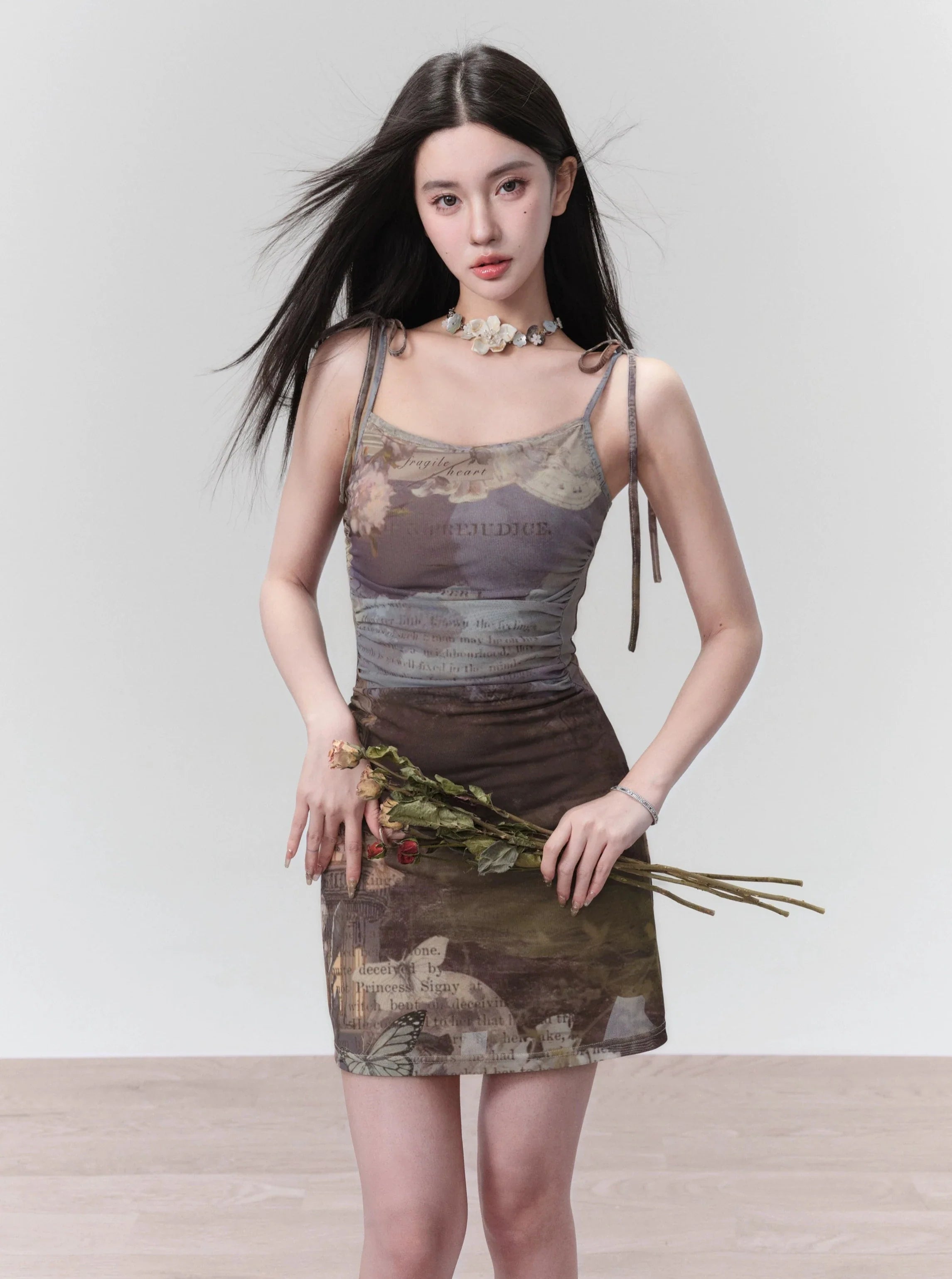 Ethereal Landscapes Slip Dress: Abstract Watercolor Print Mini with Tie Straps