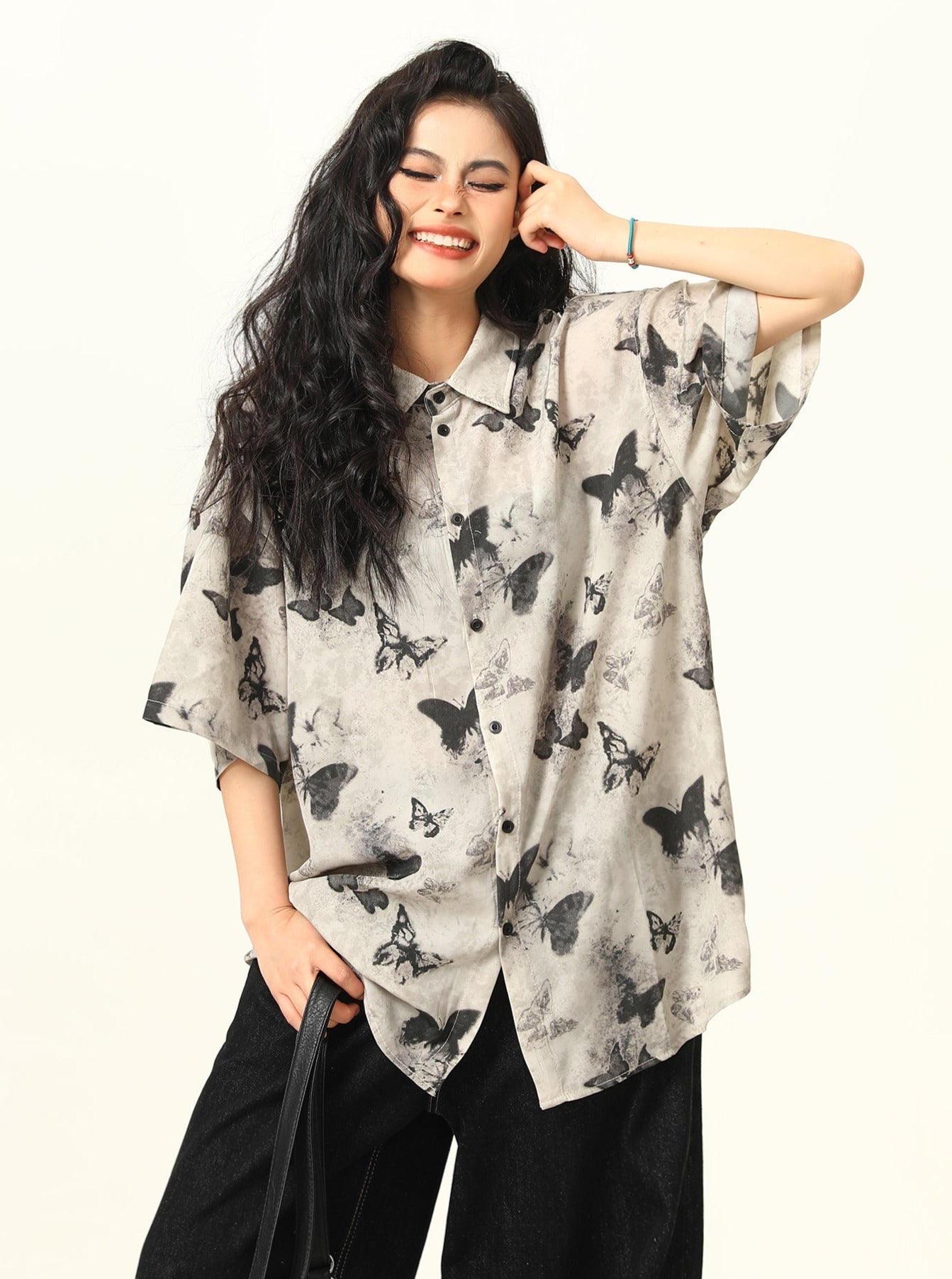 Butterfly Print Pattern Oversized Button-Down Shirt