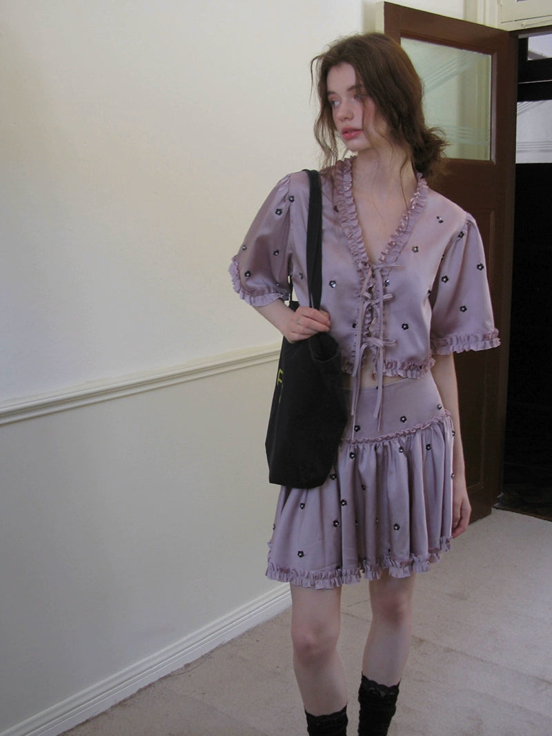 Lavender Ruffle Trim Floral Embroidered Blouse and Skirt Setup