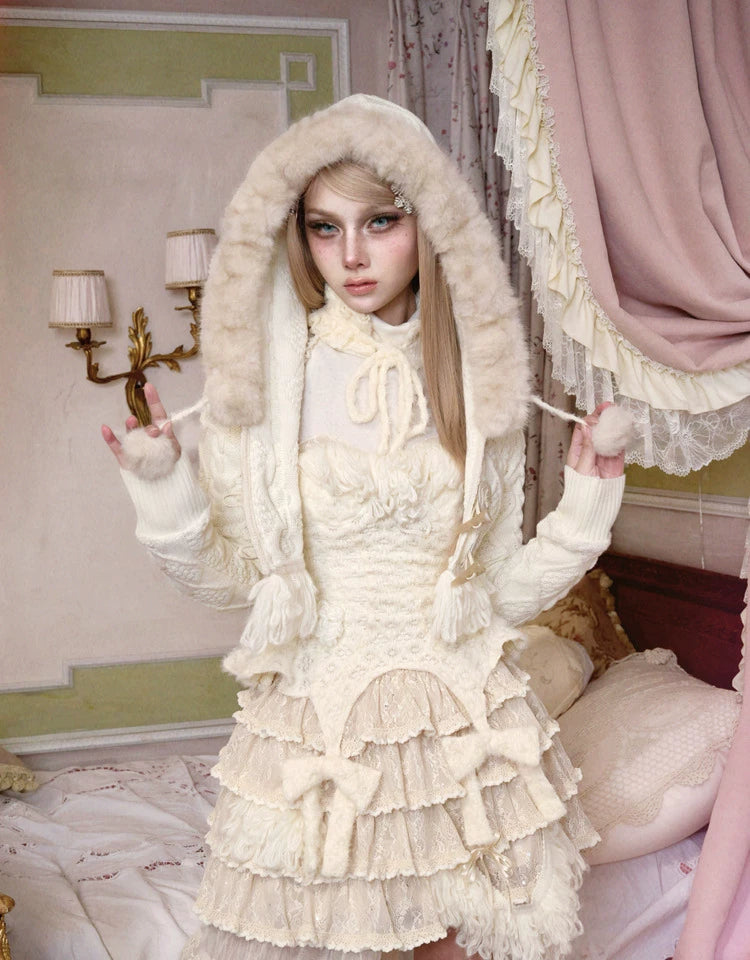 Ivory Fur-Trim Cable Knit Cropped Cardigan