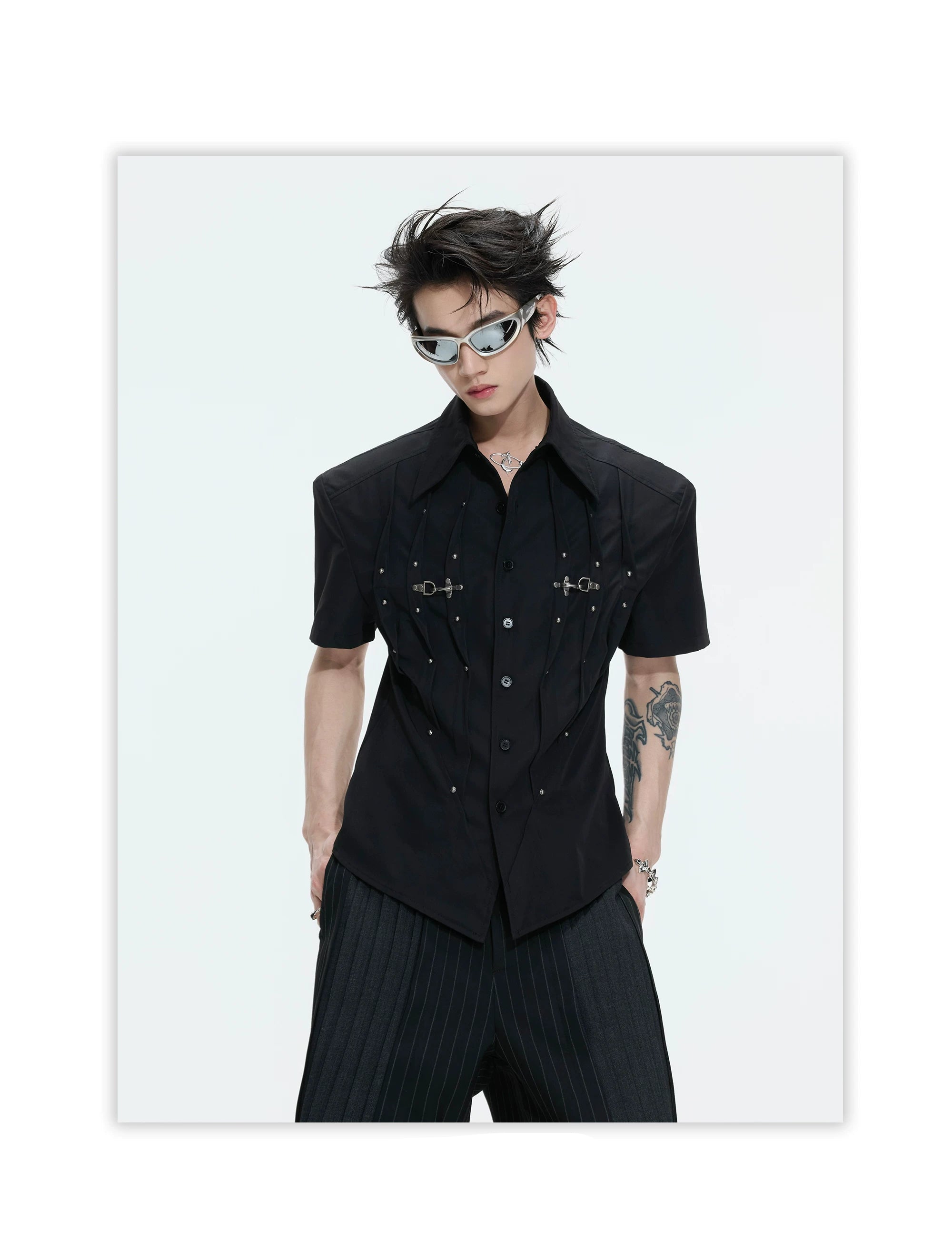 Pleated Safety Pin Accent Shirt