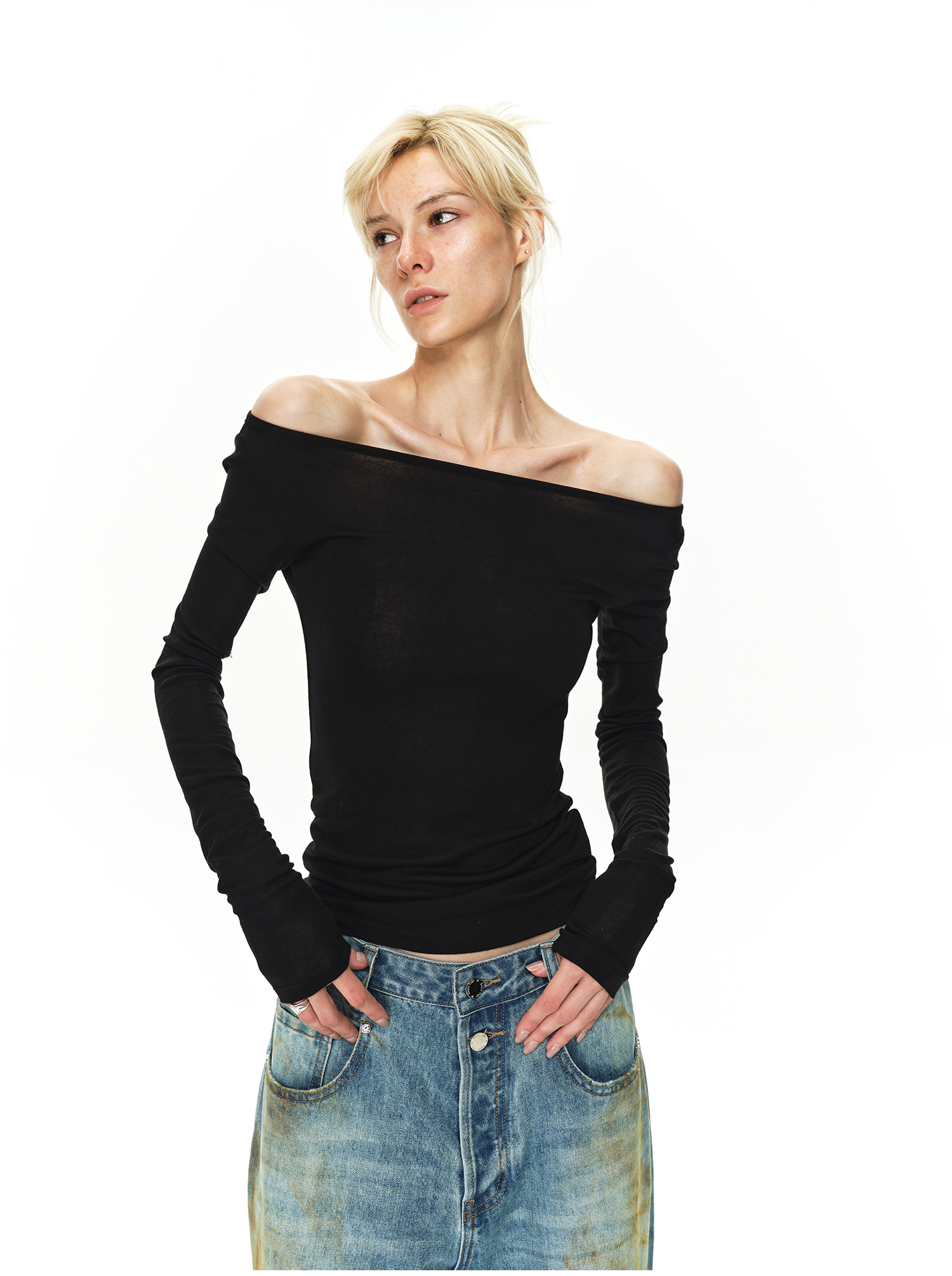 Off-Shoulder Backless Long Sleeve Base Layer Top