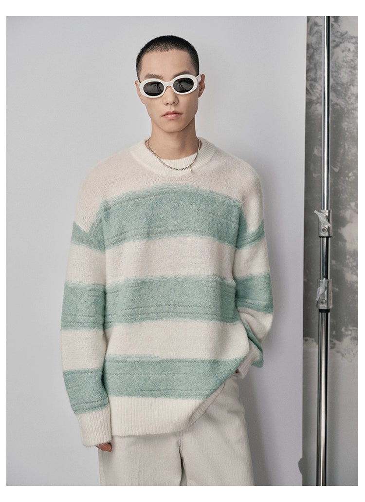 Irregular Wide-Striped Oversized Round Neck Sweater