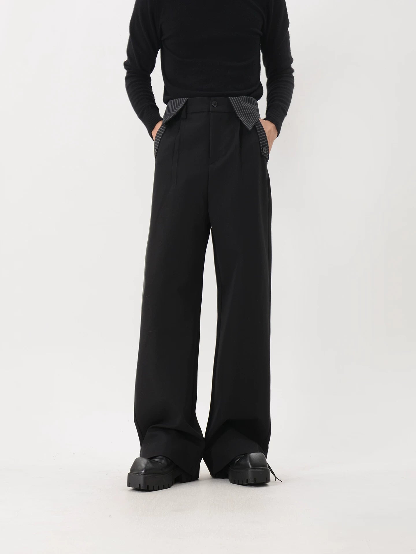 Black Pinstripe-Trim Wide-Leg Trousers