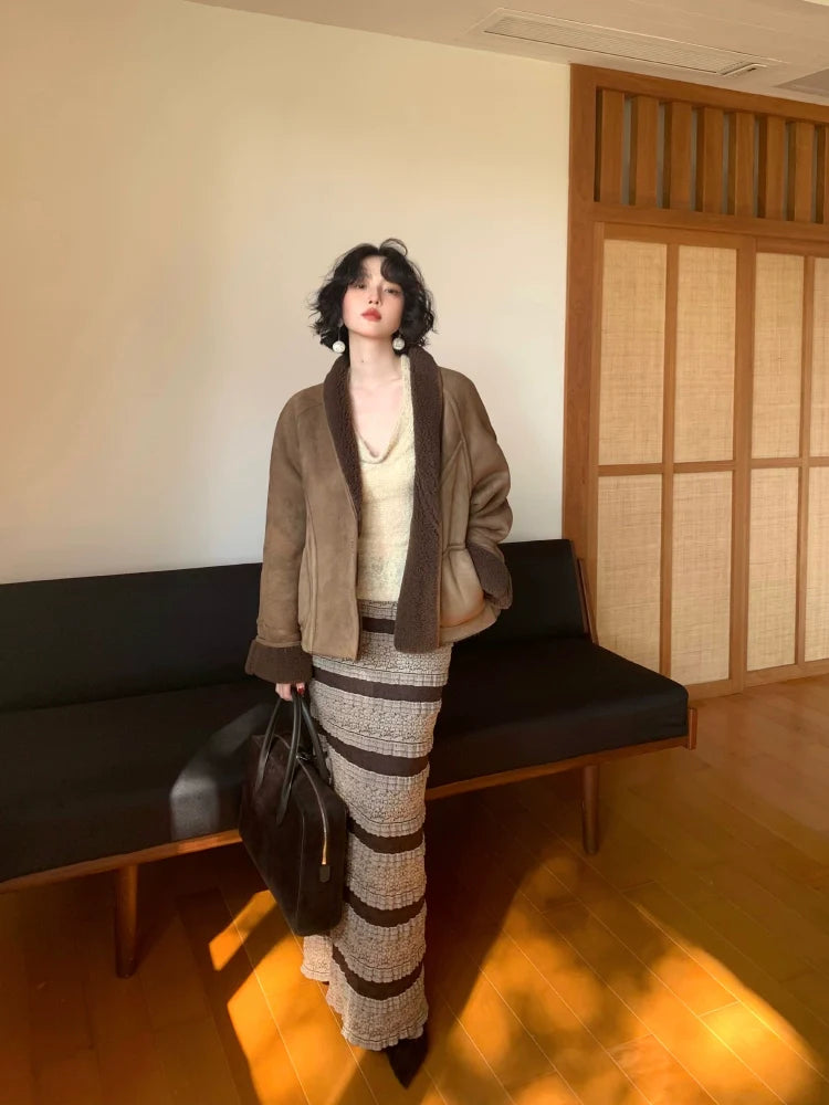 Beige and Black Striped Textured Maxi Skirt