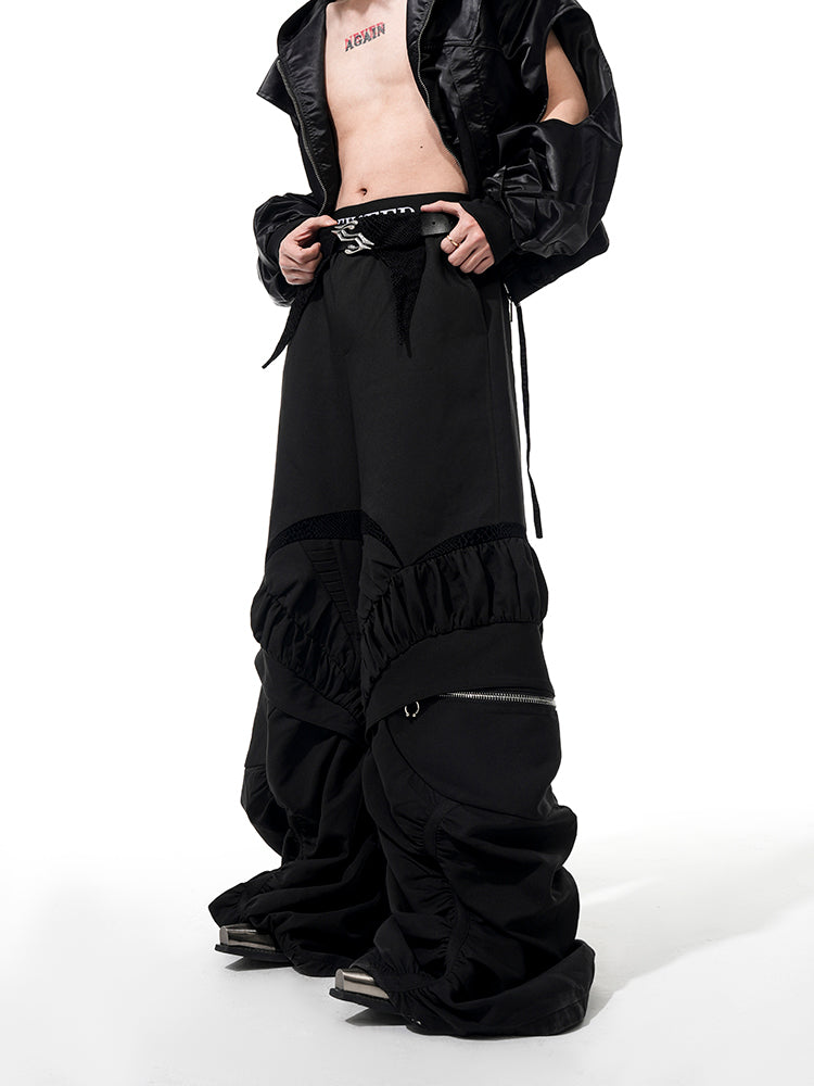Ruched Wide-Leg Gothic Pants with Zippered Details