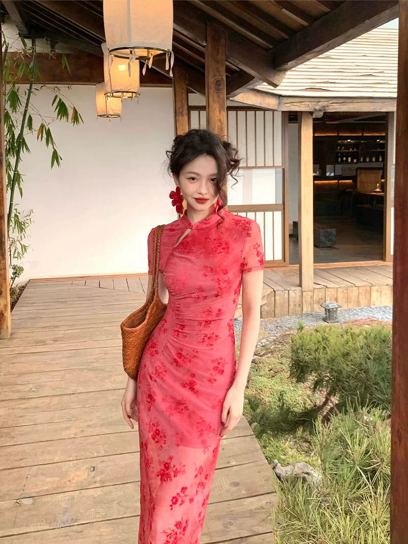 Sheer Floral Cheongsam-Inspired Maxi Dress
