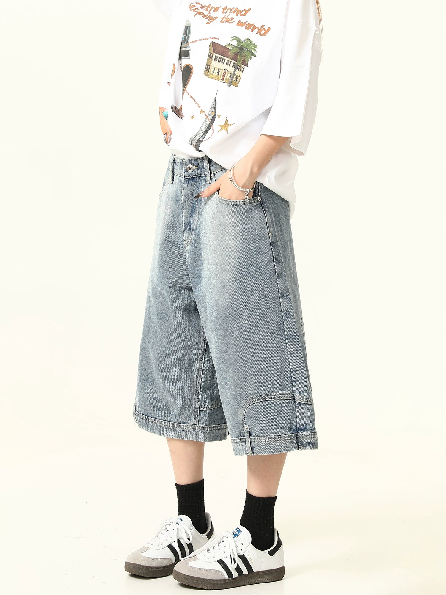 Wide-Leg Denim Culotte Shorts