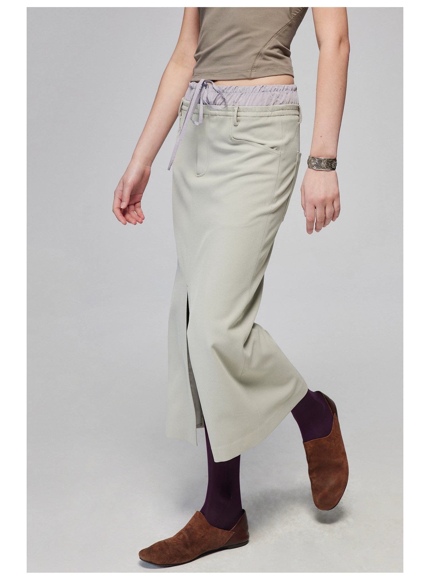 Layered Waist Front-Slit Midi Skirt