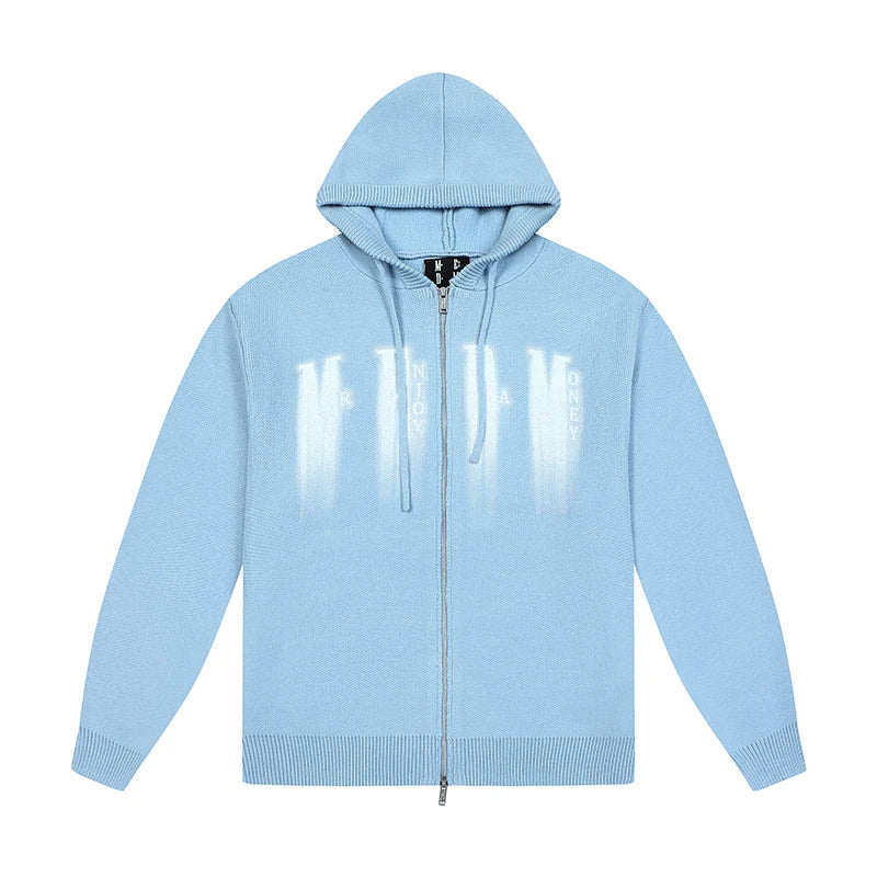 Oversized Gradient Graphic Zip-Up Knit Hoodie