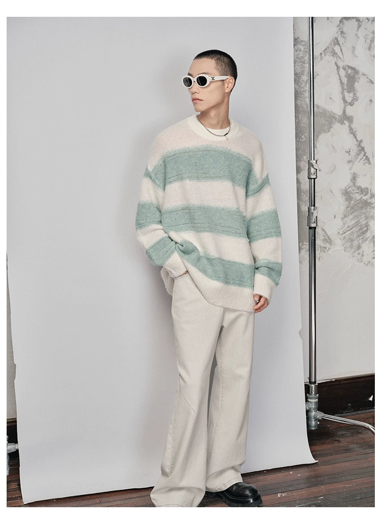 Irregular Wide-Striped Oversized Round Neck Sweater