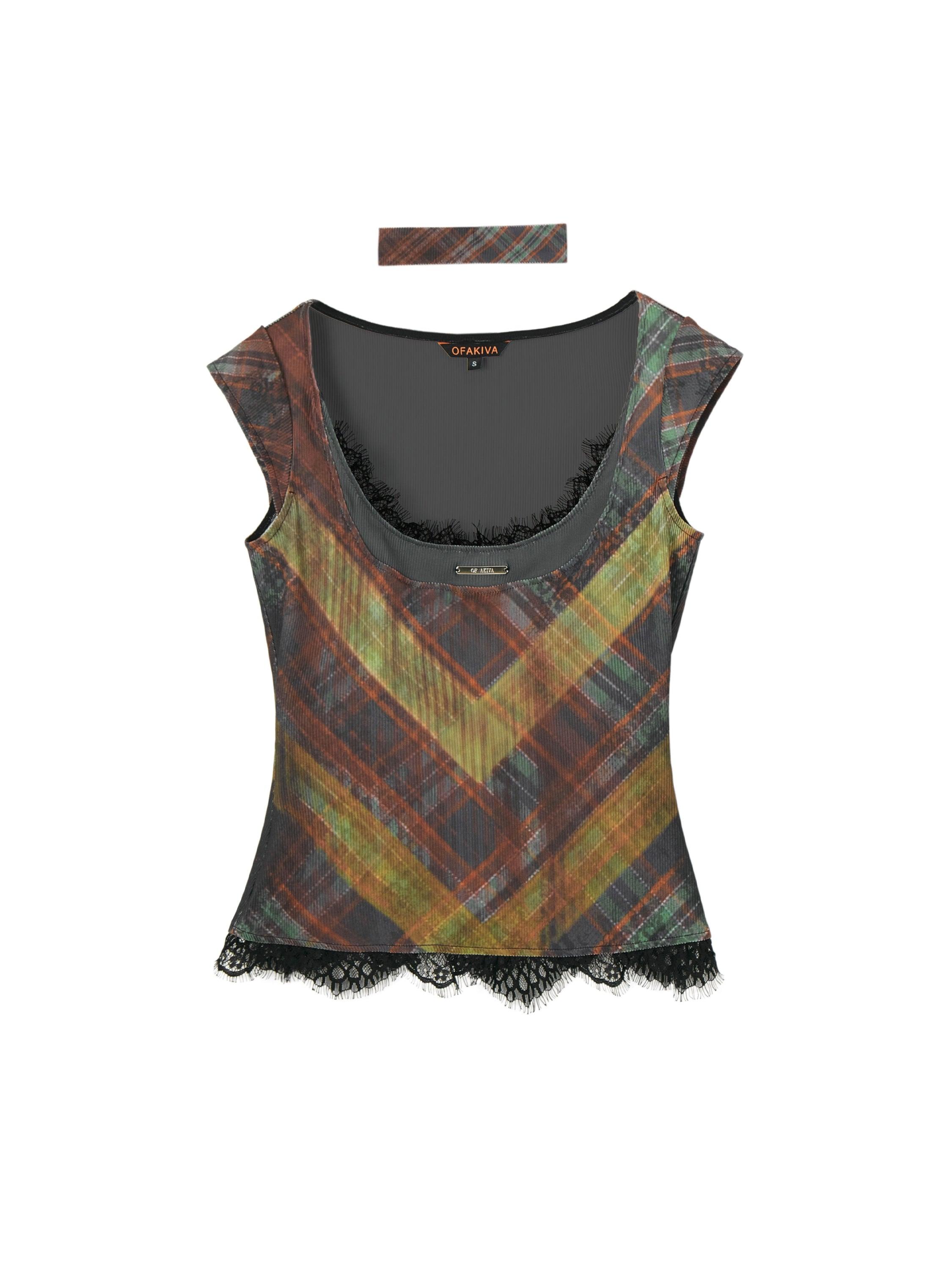 Of Akiva Vintage-Inspired Plaid Camisole Top - Women'S Sleeveless Scoop Neck Blouse With Lace Trim And Matching Choker