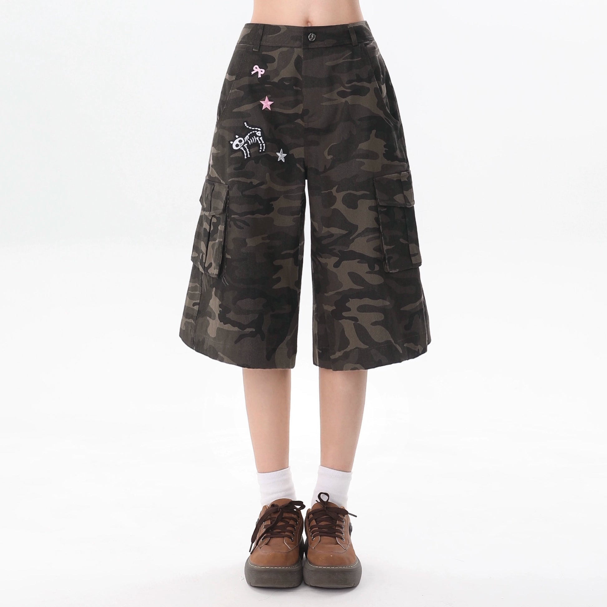 Camo Print Cargo Culottes with Star and Bow Patches