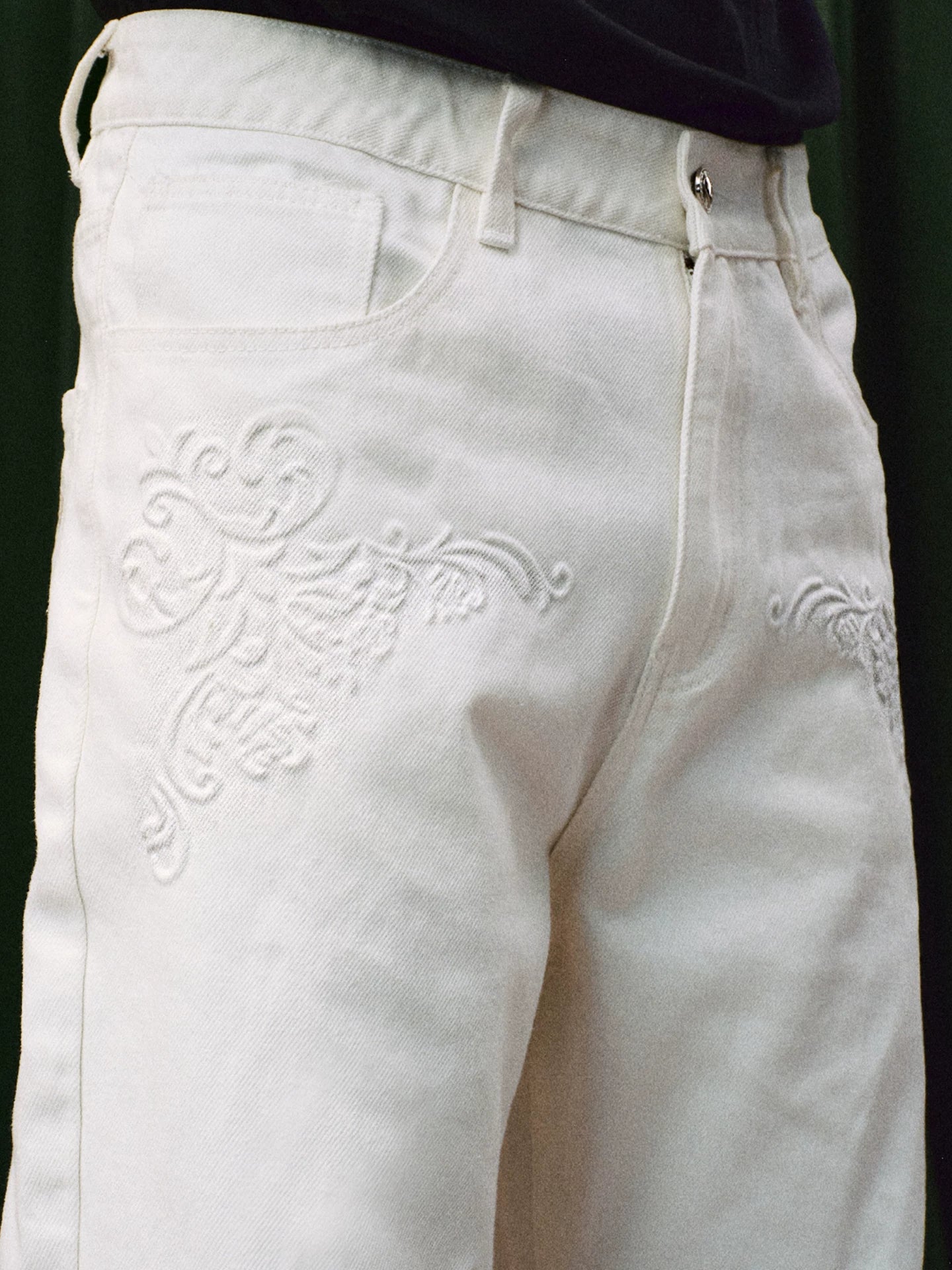 White Tonal Embroidered Wide Leg Jeans