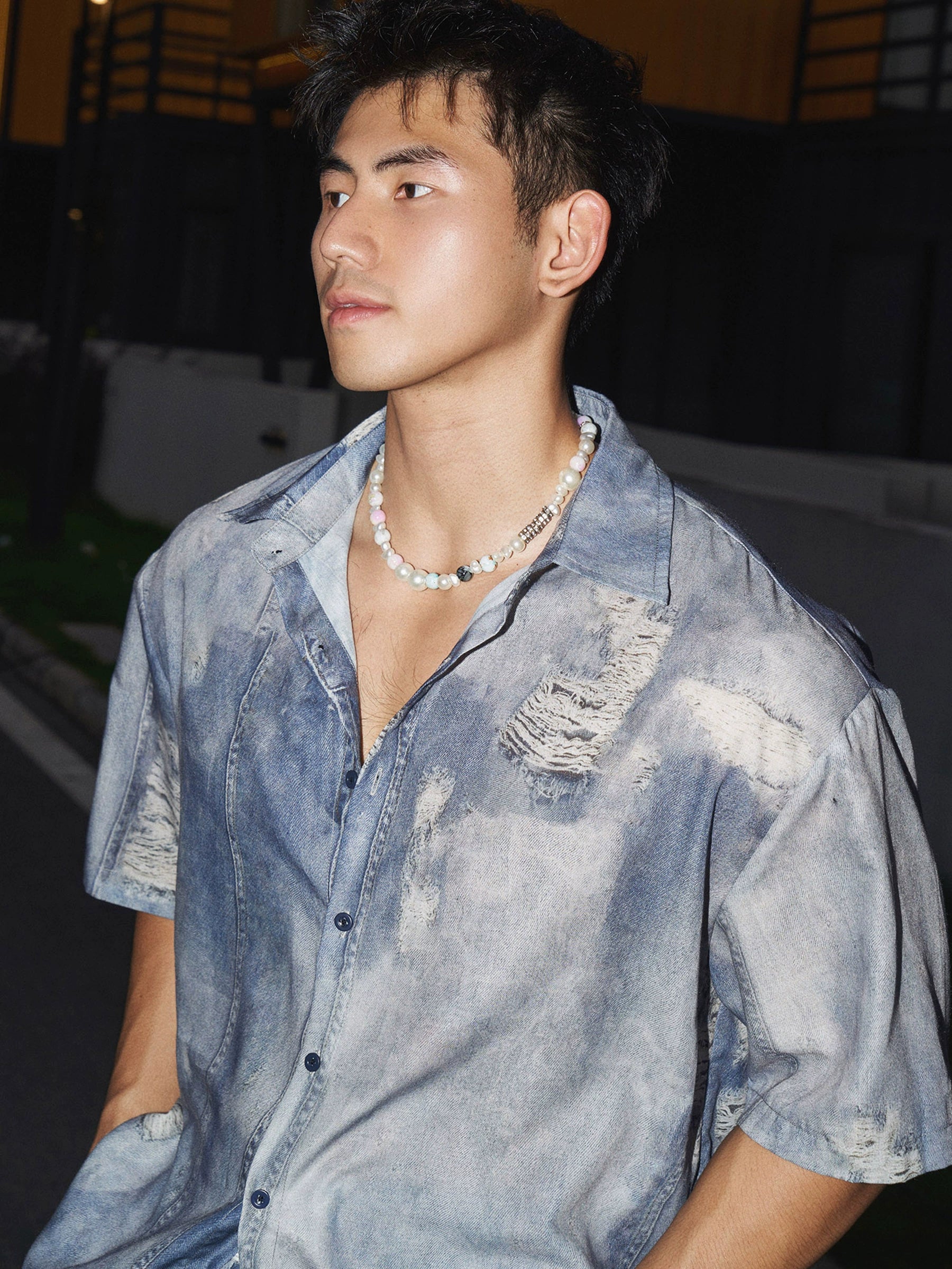 Distressed Denim Button Down Shirt