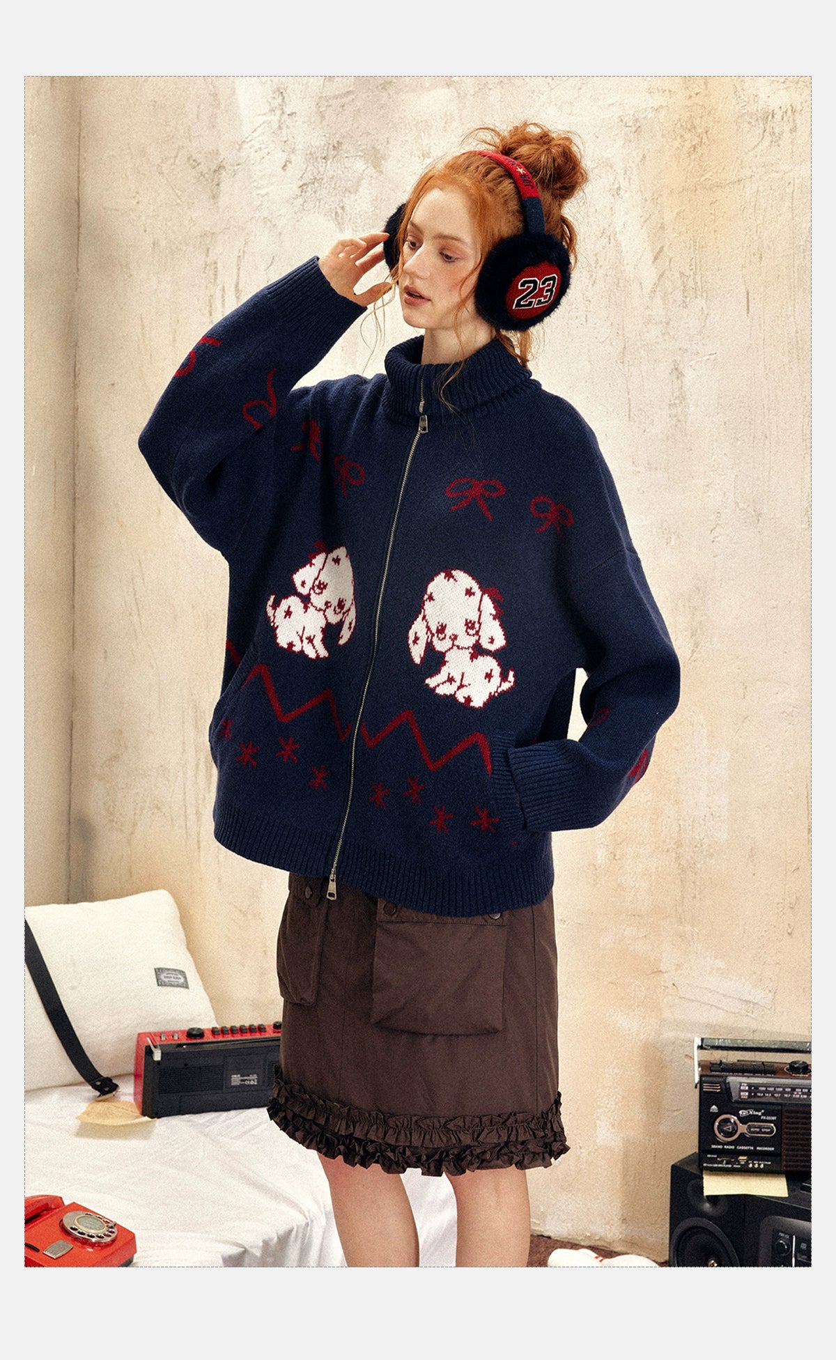 Oversized Zip-Up Sweater with Puppy Print