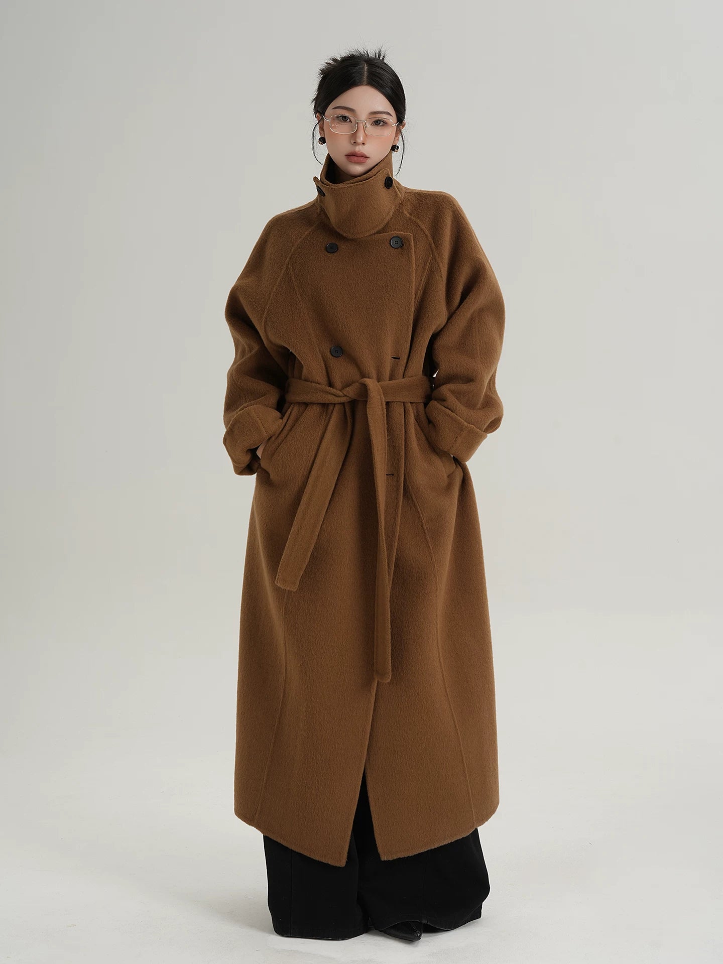 Caramel Crest Funnel-Belt Wool Coat