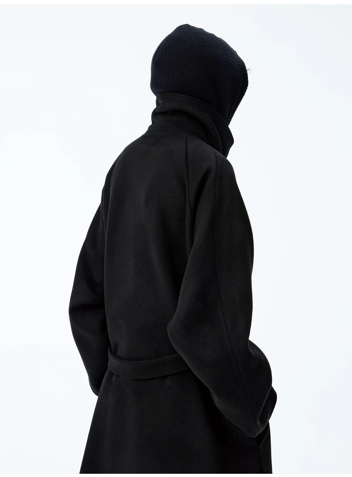 Black Funnel-Neck Belted Wool Coat