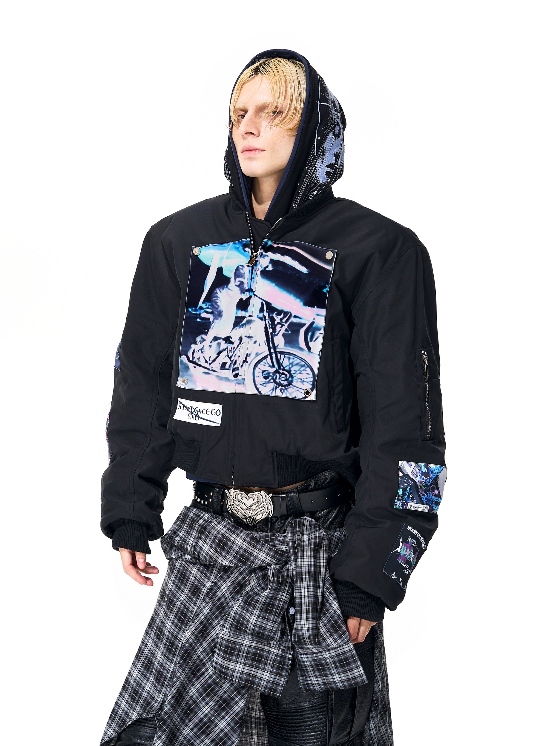 Black Graphic Patch Bomber Jacket