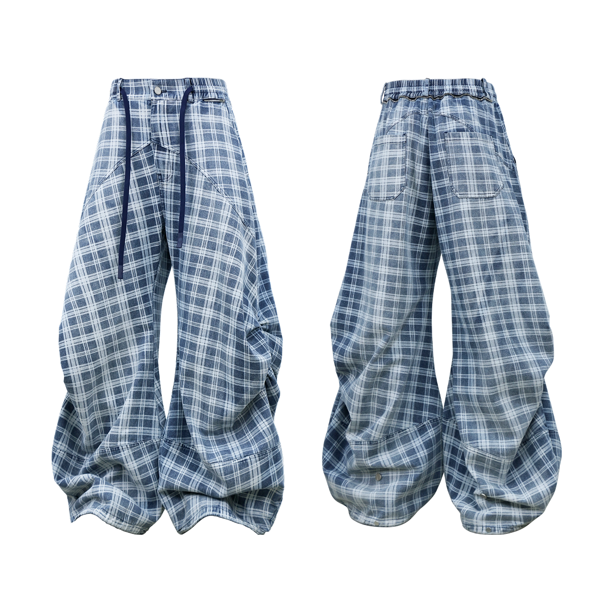 Blue Plaid Balloon Leg Parachute Jeans