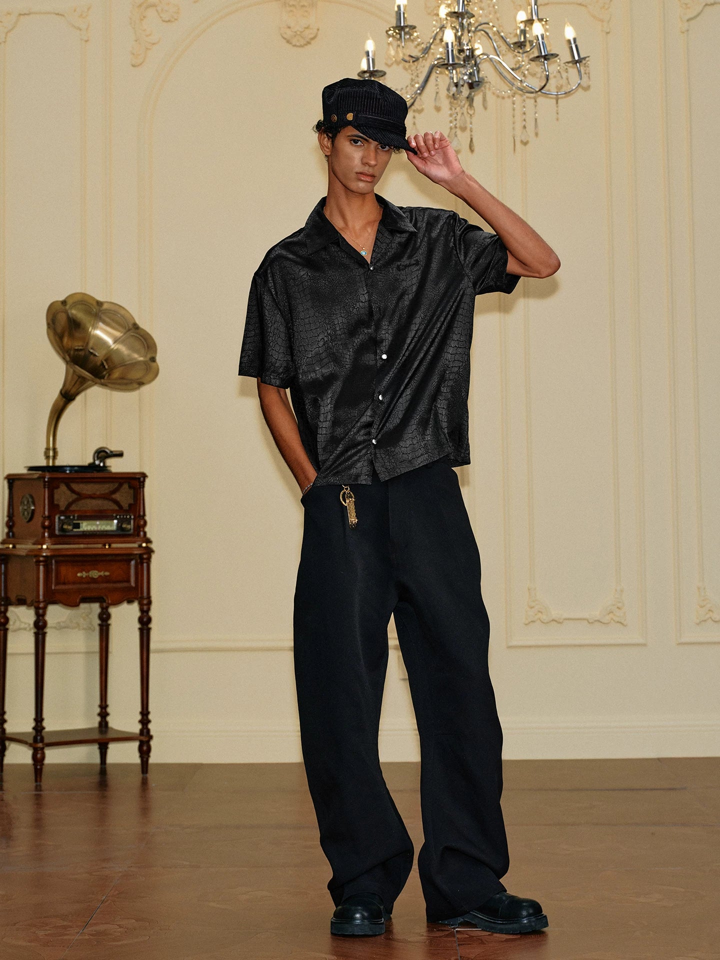 Black Crocodile Jacquard Satin Short Sleeve Shirt