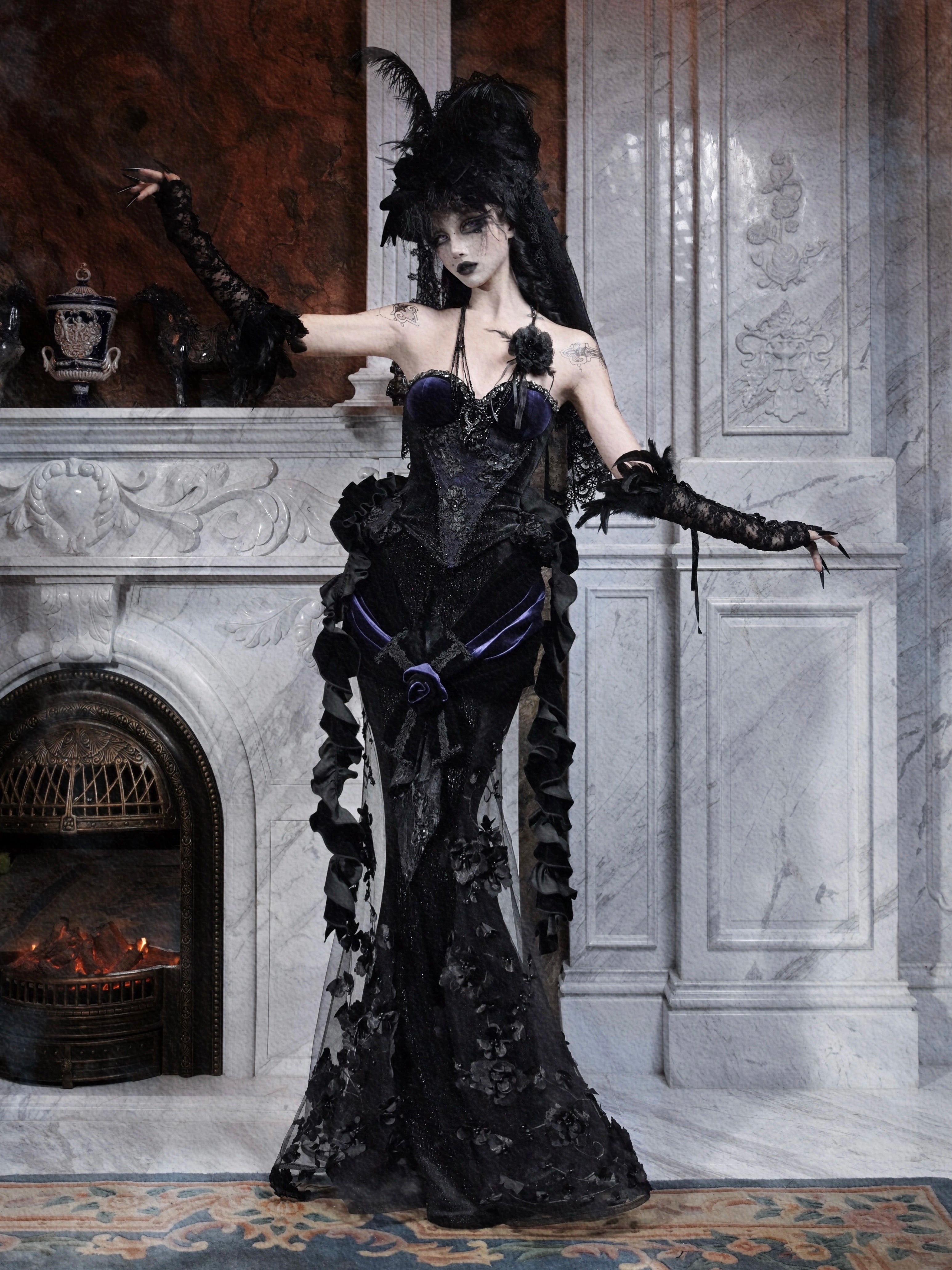 Gothic Midnight Blue Corset with Dramatic Ruffled Hip Details