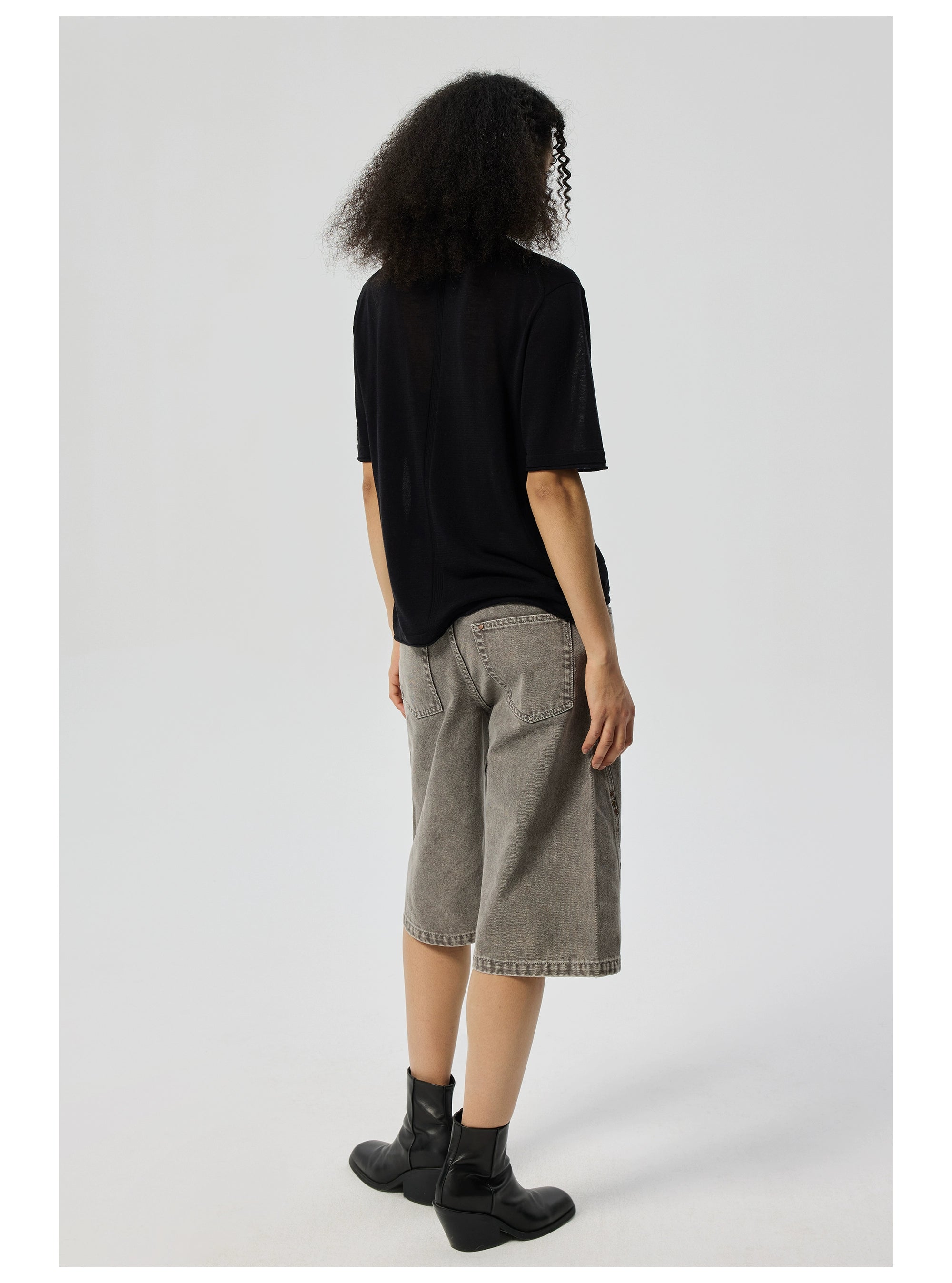 Gray Washed Denim Bermuda Shorts with Side Stud Detailing