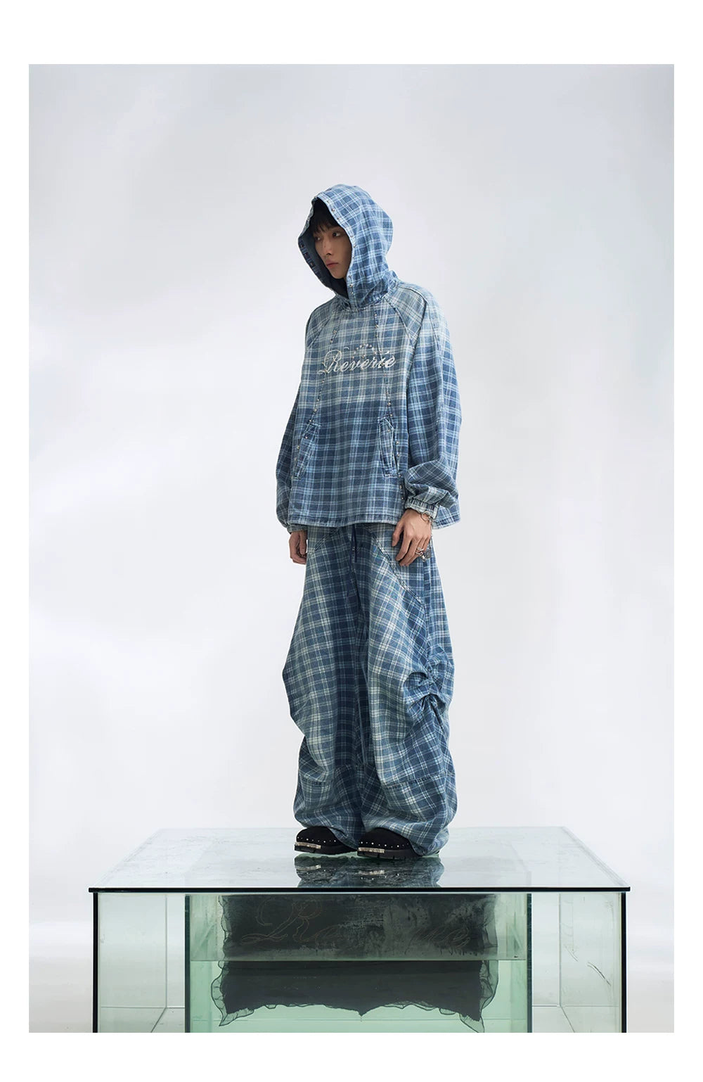 Blue Plaid Balloon Leg Parachute Jeans