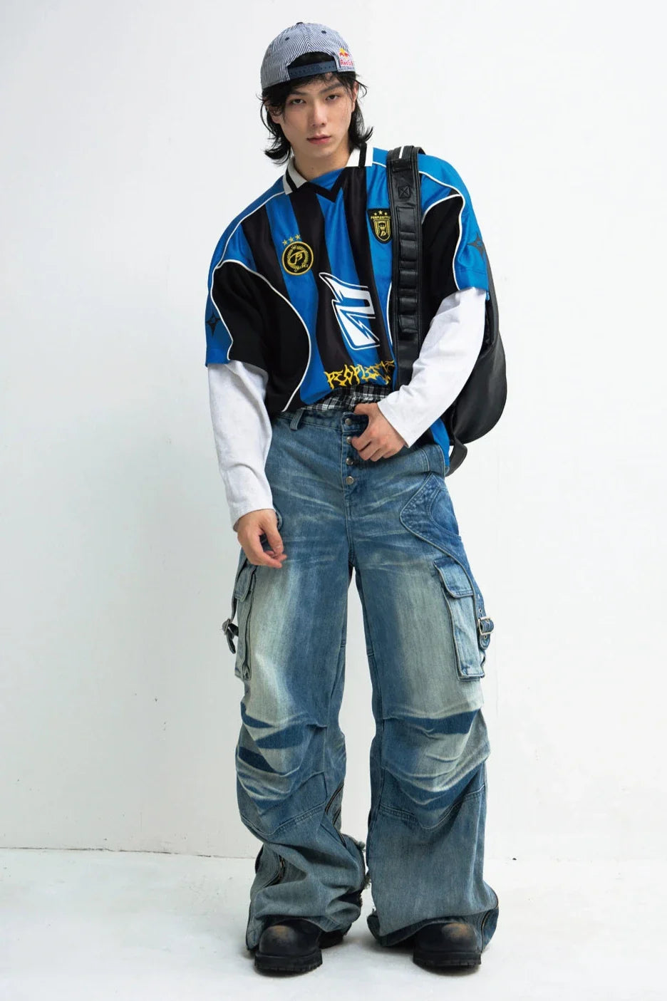 Men's Shaped Breasted Pleated Wide-Leg Jeans