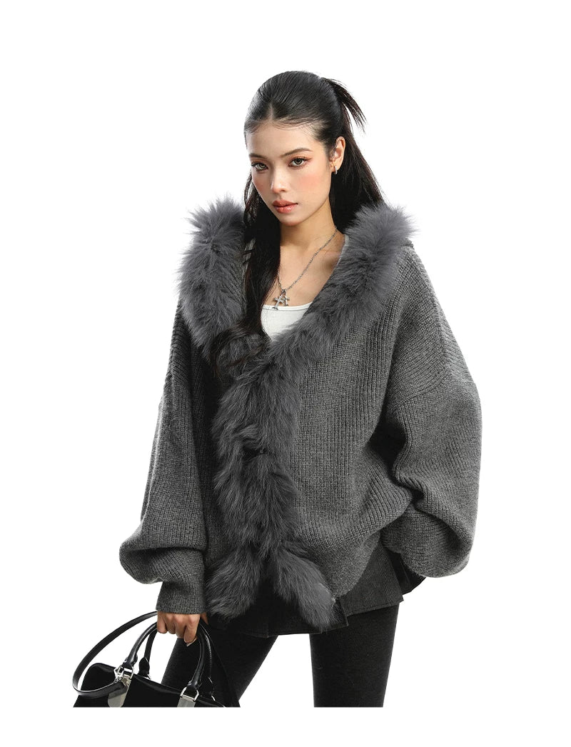 Shadow Luxe Fur-Trim Hooded Knit Cardigan