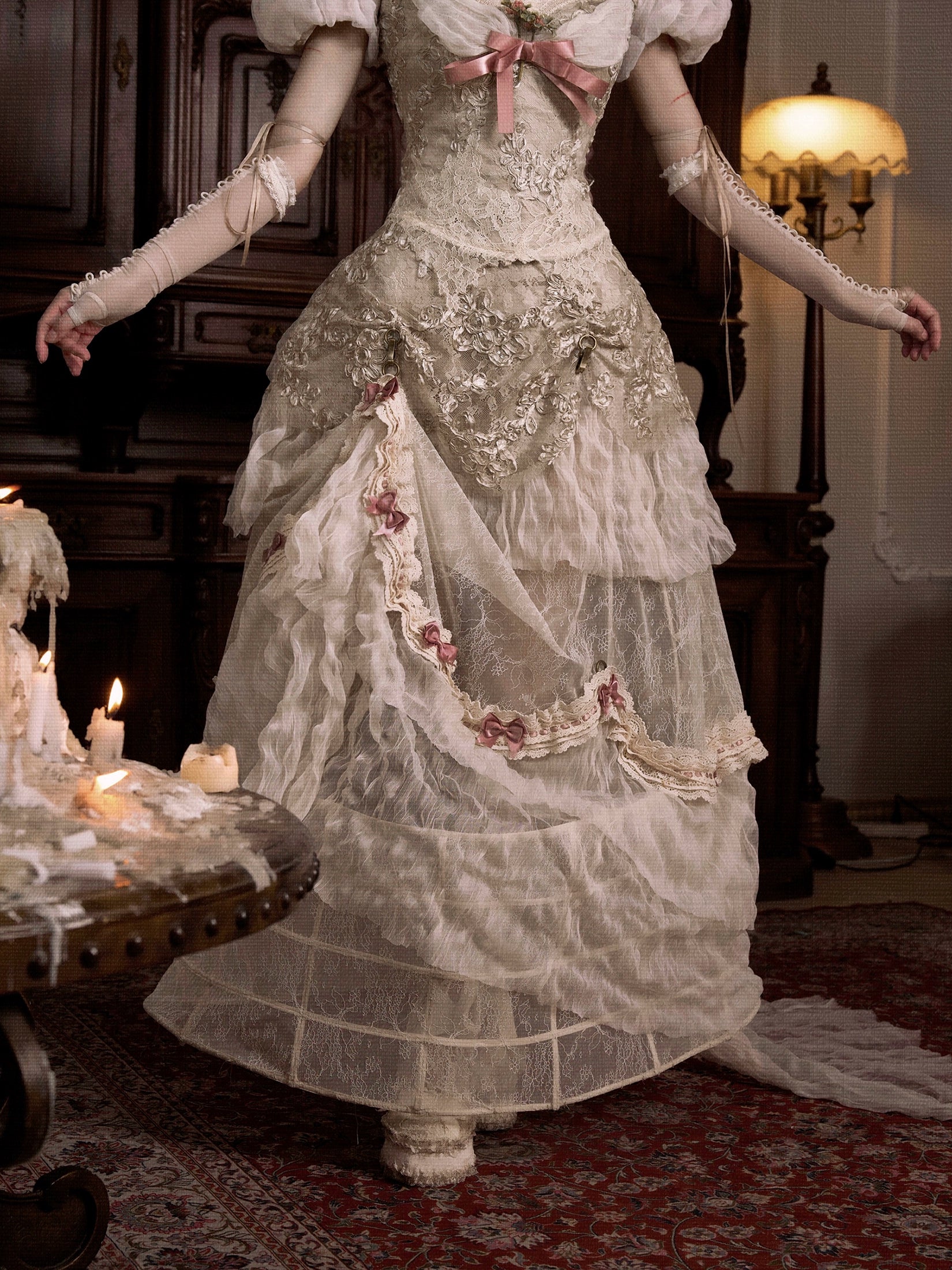 Victorian Ivory Layered Lace Skirt with Pink Bows