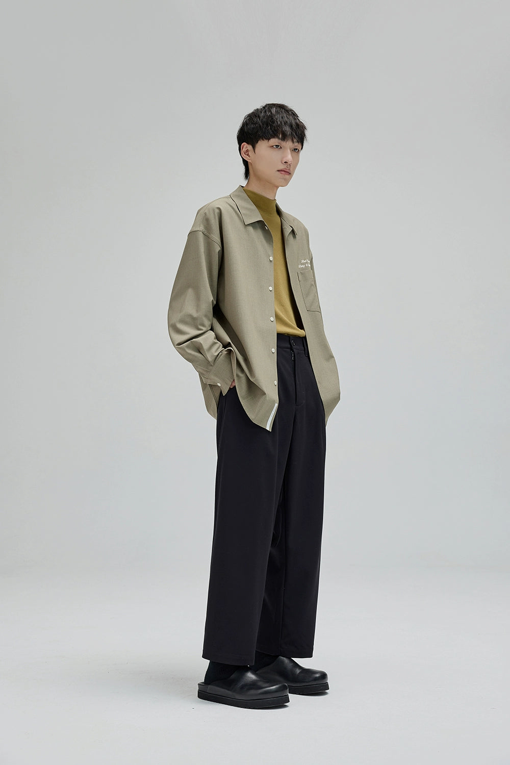 Semi-Elastic Waist Wide-Leg Straight Cropped Pants