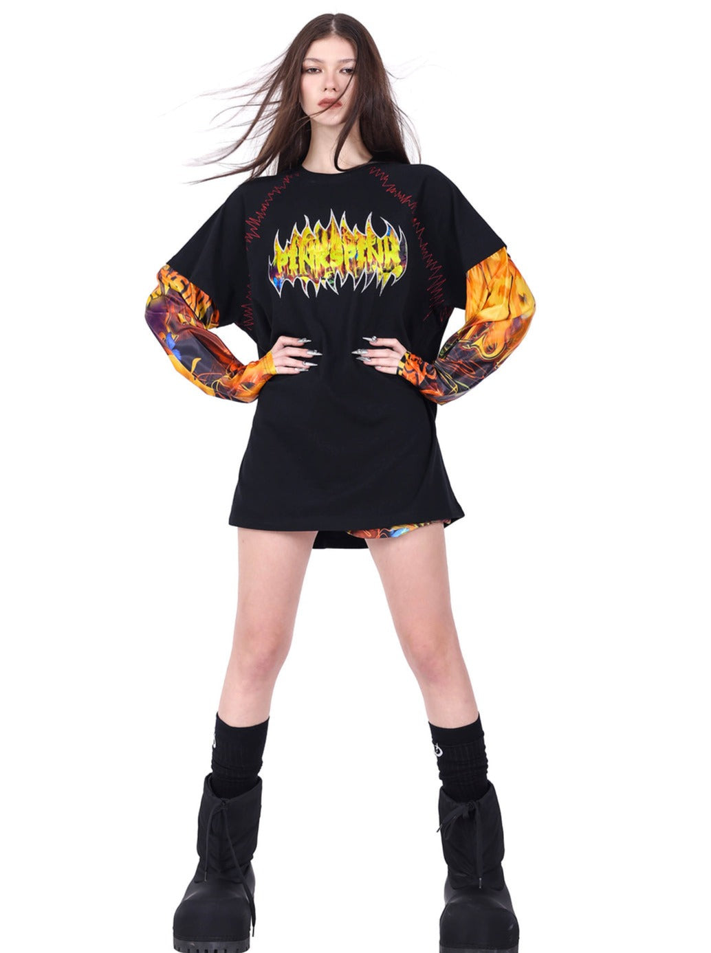 PINKSPINK Flames Metal Logo Long Sleeve Tee - Black and Flame Print