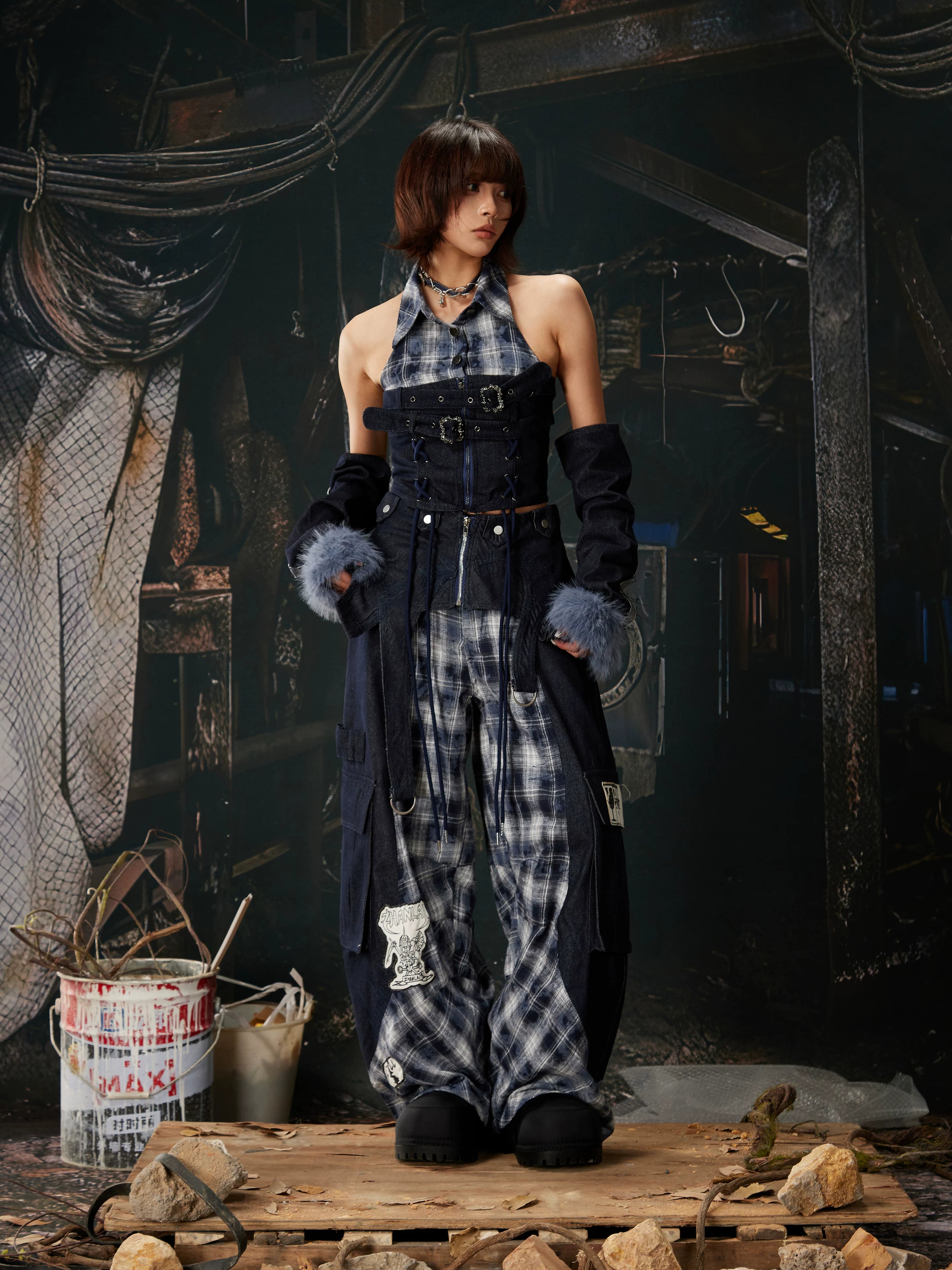 Riot Plaid Layered Trench Cargo Pants