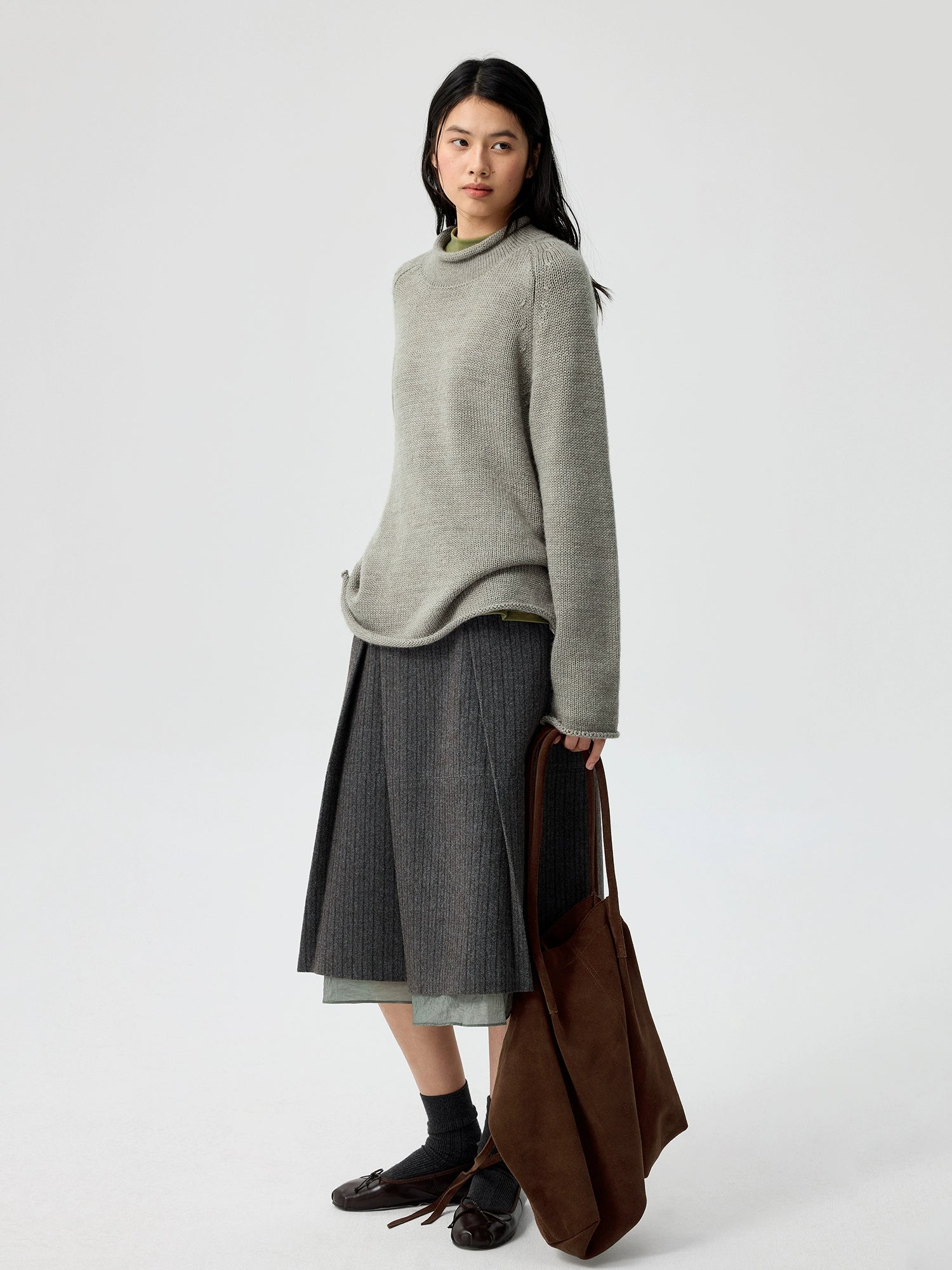 Pinstripe Wool Layered Midi Skirt