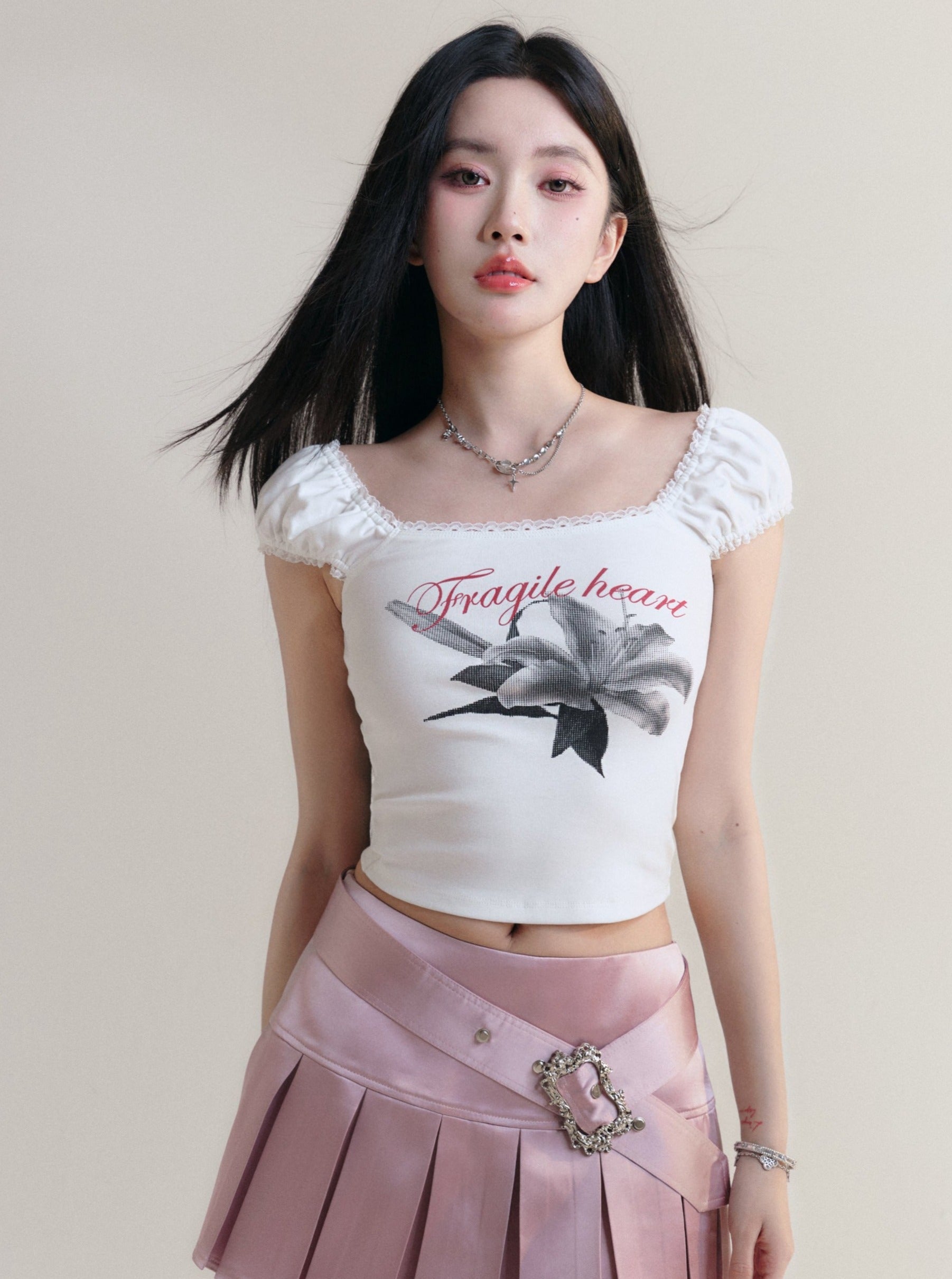 Fragile Heart Puff-Sleeve Graphic Crop Top