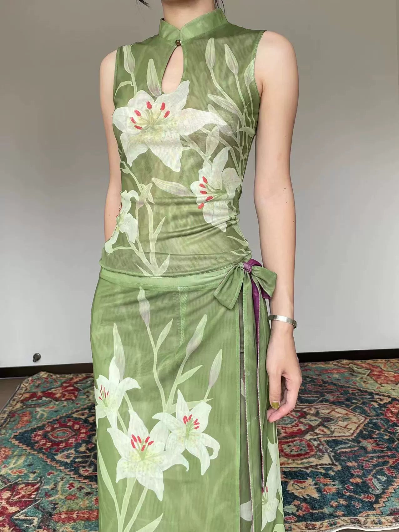 Oriental Lily Print Cheongsam Top