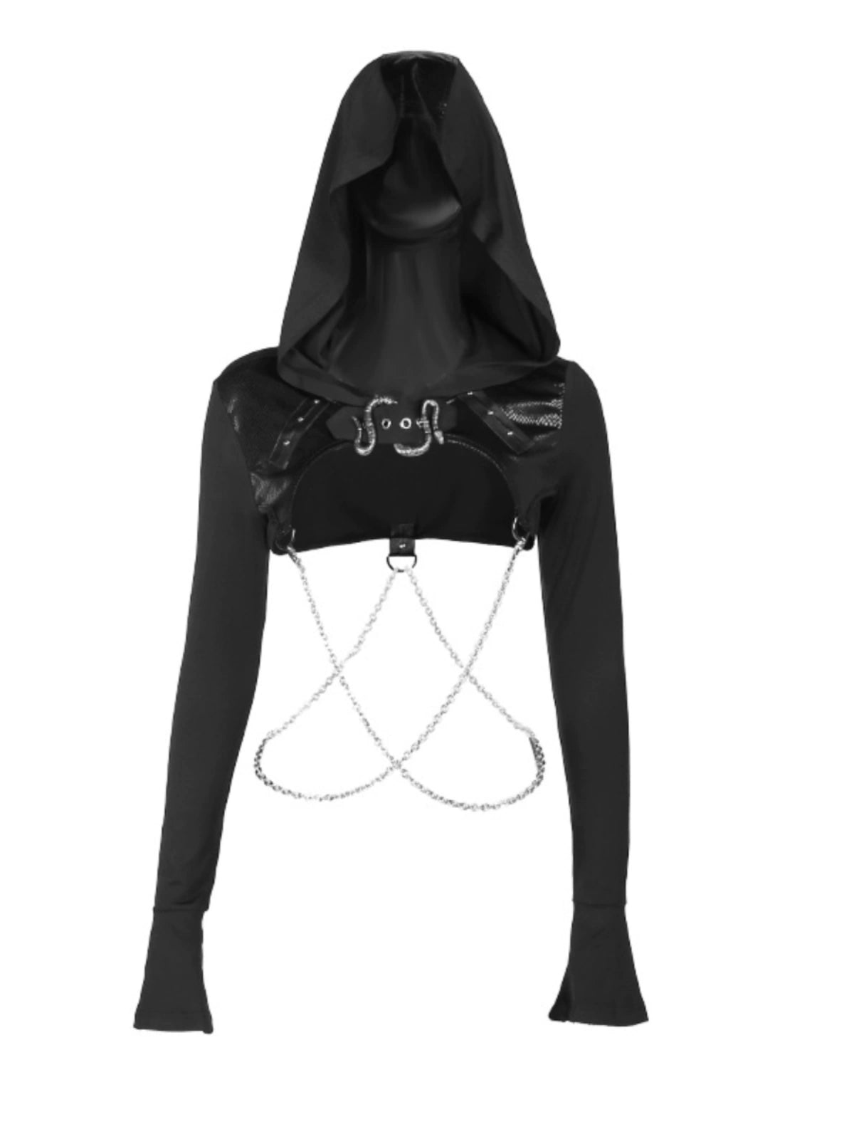 Wannathis Gothic Hooded Crop Top - Black Long Sleeve Chain Harness Shrug